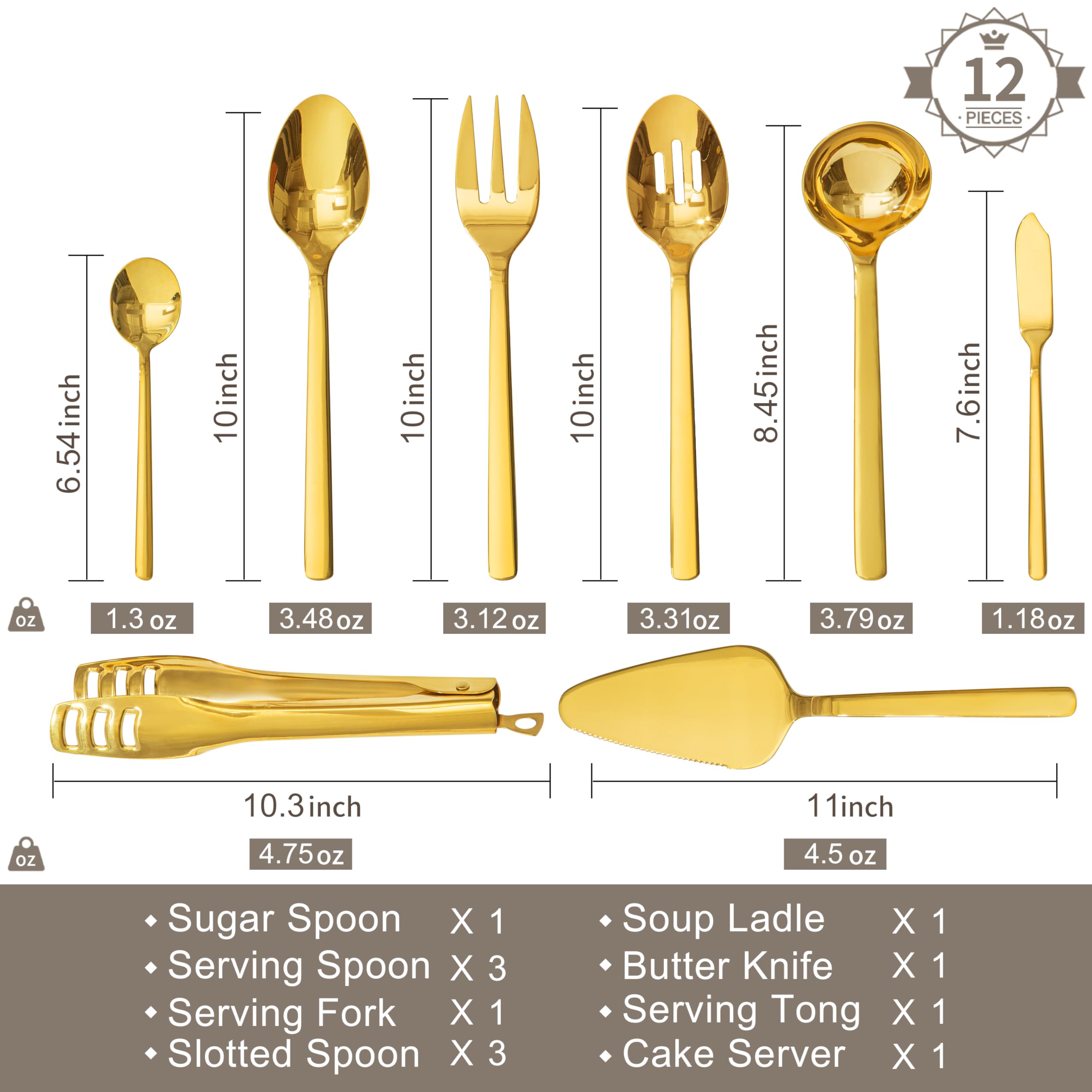 KINGSTONE Large Hostess Gold Serving Utensils Set,18/10 Stainless Steel Heavy Duty 10inch Serving Spoons,Slotted Spoons,Serving Fork,Serving Tongs, Cake Pie Server For Buffet, Wedding, Party