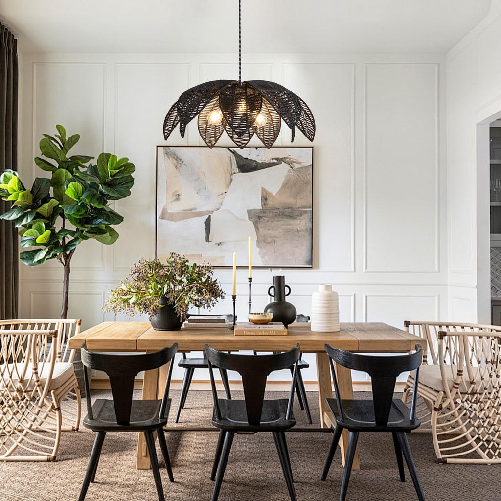 Farmhouse Chandeliers for Dining Room, 3-Light Rattan Boho Chandelier Light Fixture Hand Woven Wicker Pendant Light 24", Coastal Hanging Pendant Light for Kitchen Island Bedroom Living Room