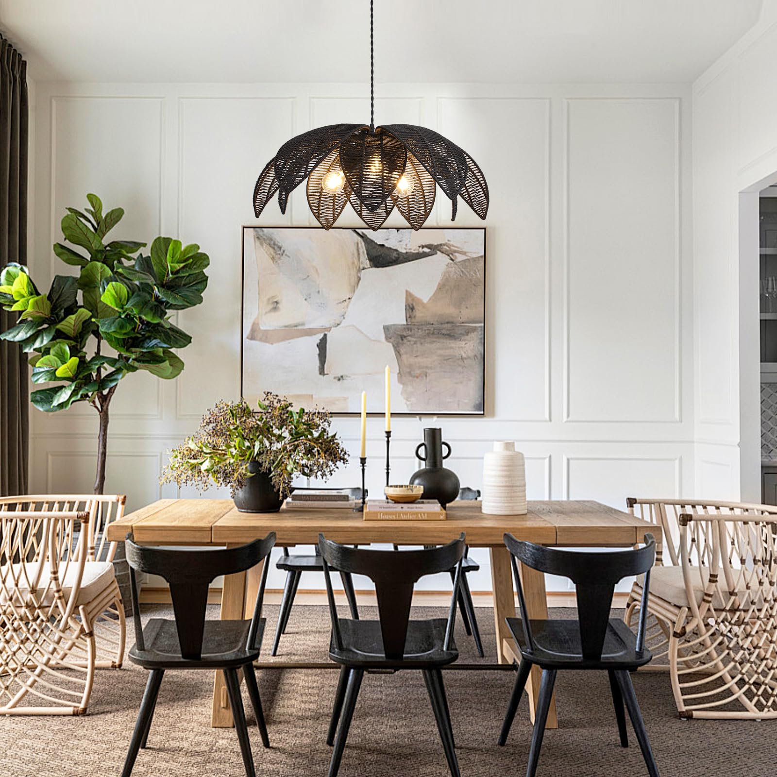 Farmhouse Chandeliers for Dining Room, 3-Light Rattan Boho Chandelier Light Fixture Hand Woven Wicker Pendant Light 24", Coastal Hanging Pendant Light for Kitchen Island Bedroom Living Room