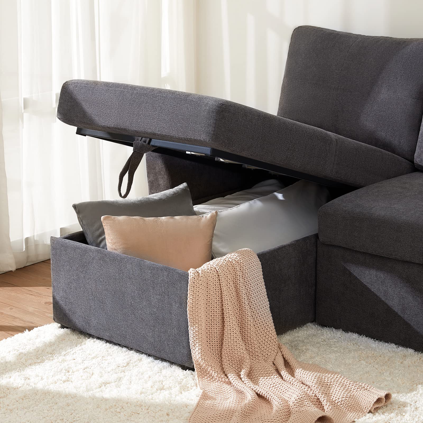 PaPaJet Sofa Bed, Sleeper Sofa with Storage Chaise, L Shaped Sofa with Pull Out Bed, Oversized Sofas for Living Room, Beige