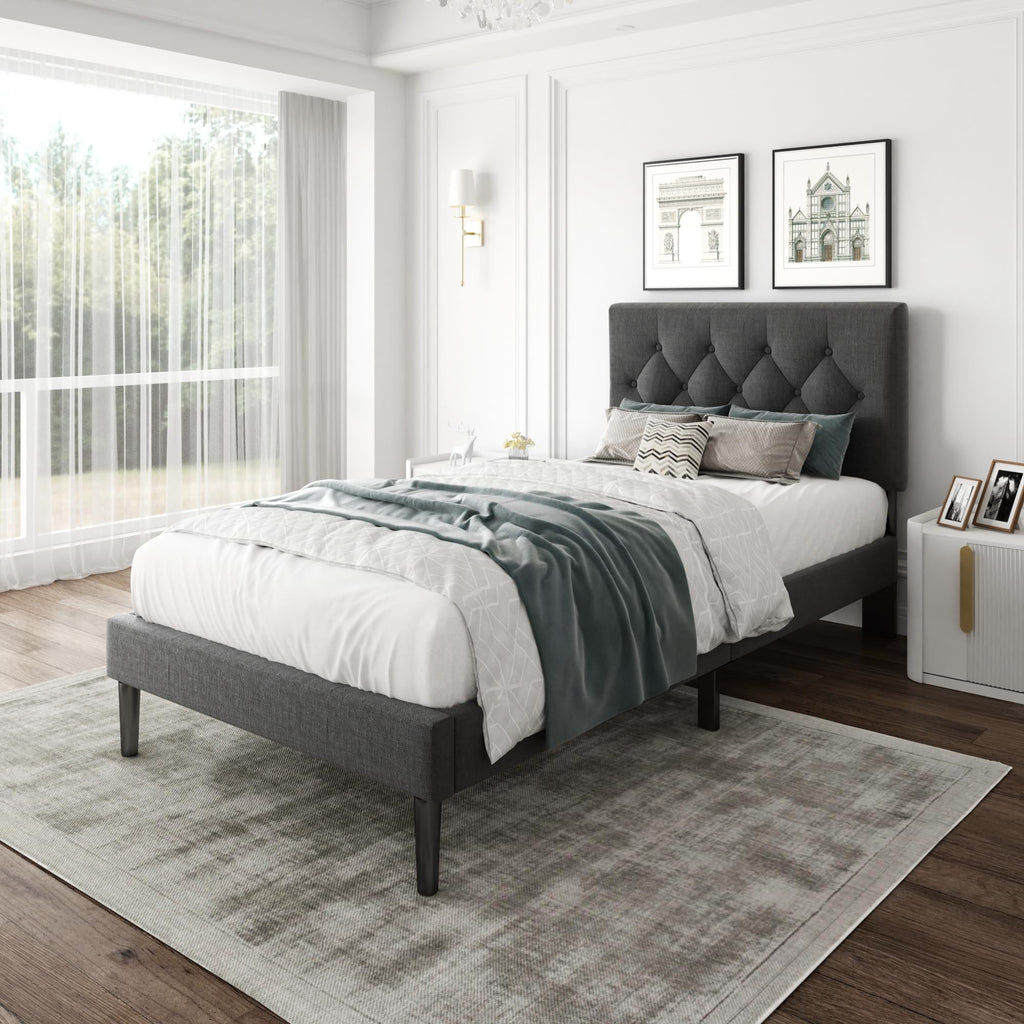 CXVX Full Size Platform Bed Frame with Upholstered Headboard, Button Tufted Design, Strong Wooden Slats, No Box Spring Needed, Easy Assembly, Noise Free