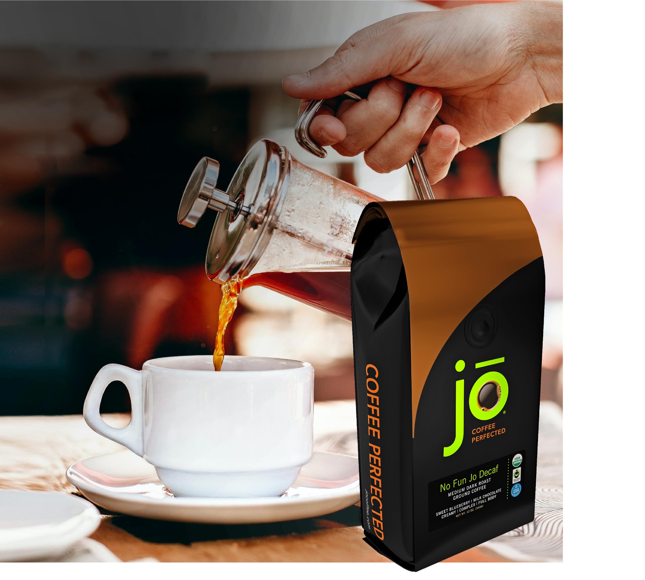 COLD BREW JO DECAF: 10 oz. Coarse Ground USDA Organic Decaf Coffee, Dark French Roast, Swiss Water Process, Soft Velvety Texture, Low Acidity, Fair Trade Kosher, Gluten Free, Non-GMO, Chemical Free