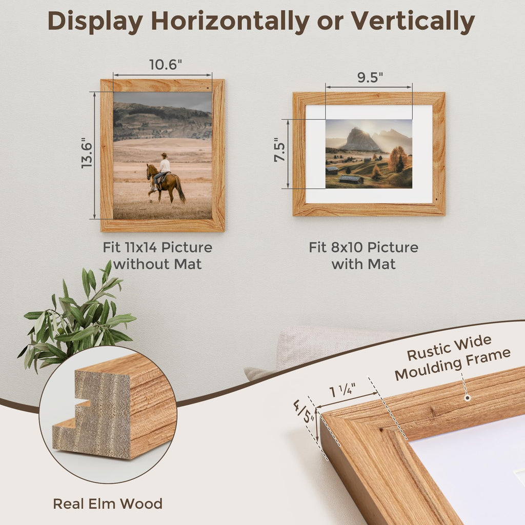 Fun Memories 5x7 Picture Frame with Mat for 4x6 Photo, Solid Elm Wood & Tempered Glass, Rustic Wall & Tabletop Display Frame, Grey, 1 Pack