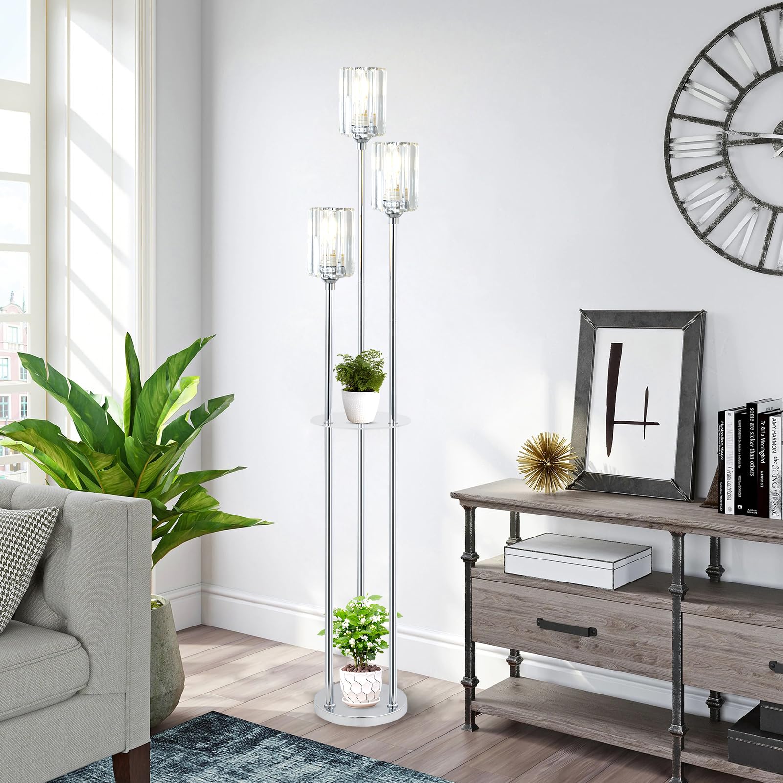 HMVPL Gold Floor Lamps for Living Room, Modern Floor Lamp with Shelves, Crystal Standing Lamps with Table, Brass Tall Lamp with Crystal Shade, On/Off Switch, Mid Century Corner Floor Lamp for Bedroom