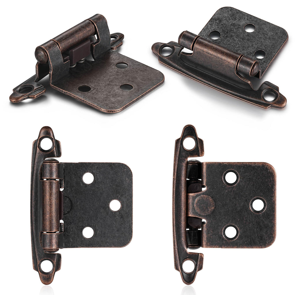 4 Pack (2 Pairs) Antique Brass Self Closing Cabinet Hinges for Kitchen Cabinet Door, 1/2" Overlay (Variable) Semi Concealed Kitchen Cabinet Hinges
