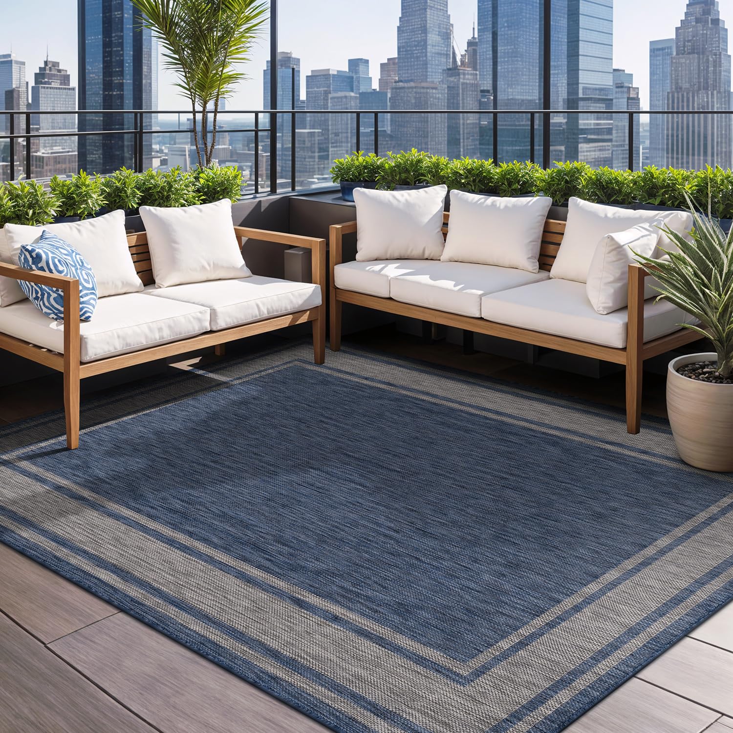 Beverly Rug Outdoor Rug 5x7 Modern Bordered Area Rugs for Indoor and Outdoor Patio Deck Porch Garden Waterproof Weather Sun Resistant Washable Outside Carpet (5 x 7 Beige)