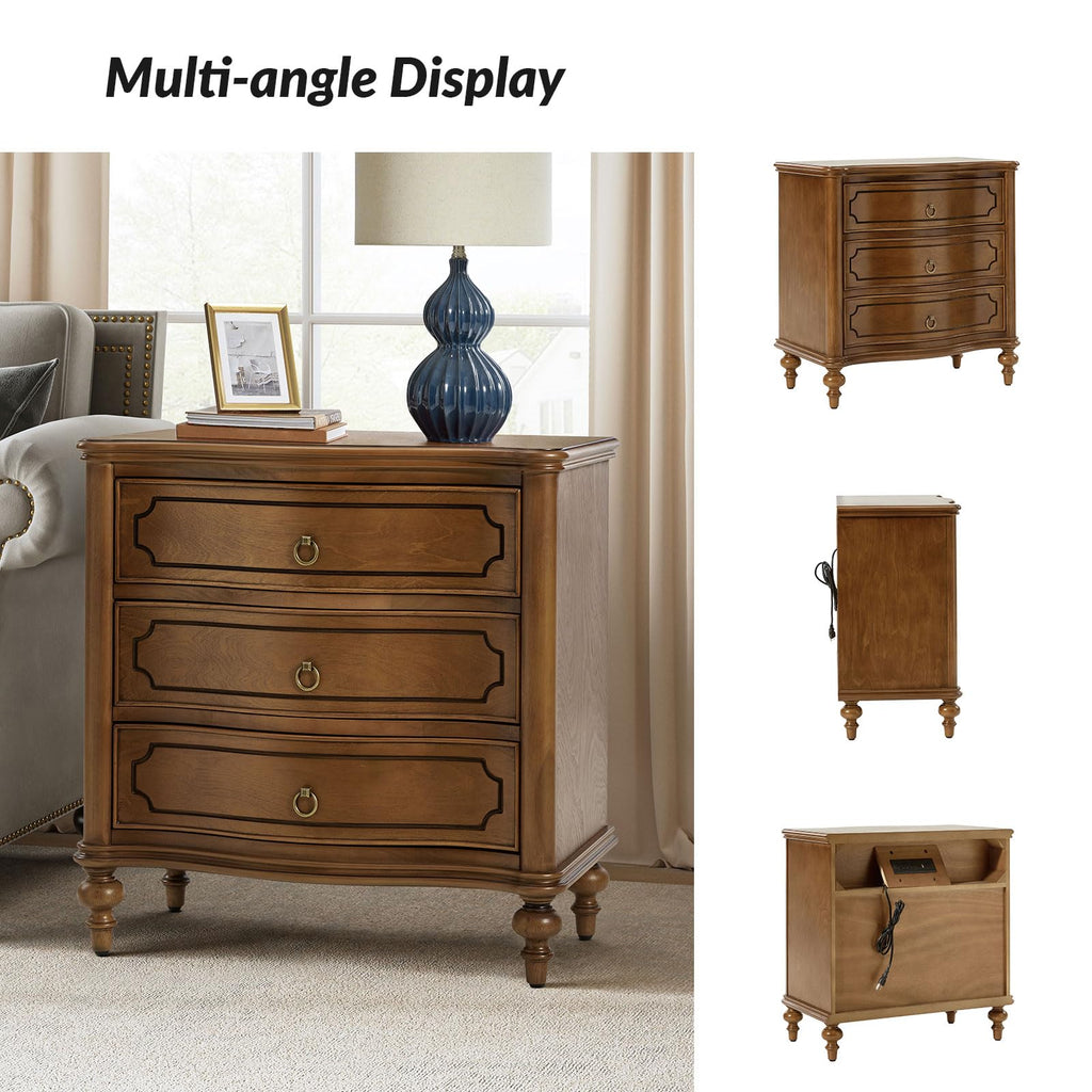 HULALA HOME Traditional Side Table with 3 Drawers, Tall Side Table with Curved Front Profle Desgin, Charging Station, Solid Wood Legs, Black