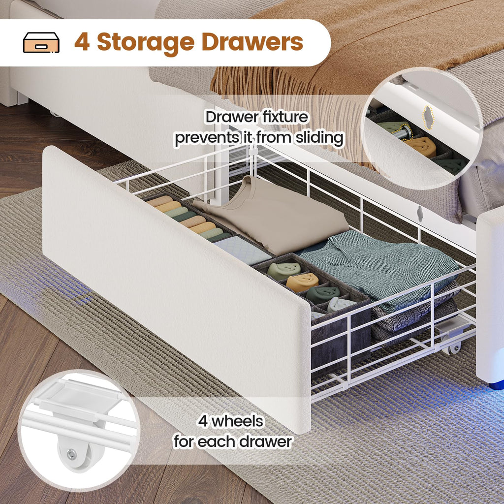 BTHFST Twin Bed Frames with Headboard & 4 Drawers, LED Bed Frame Twin with Charging Station, Upholstered and Metal Twin Bed with Storage, No Box Spring Needed, Black PU