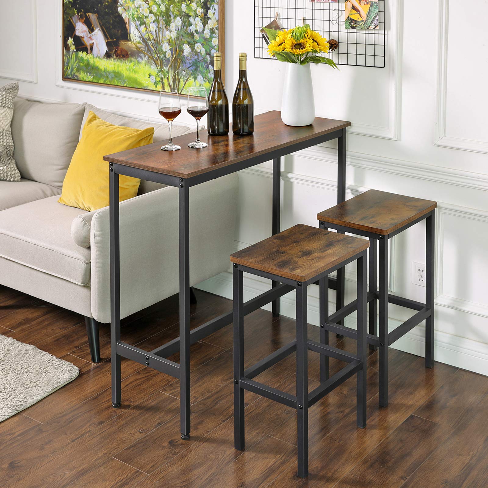 VASAGLE Bar Table, Kitchen Dining Table, High Top Pub Table, Bar Height Cocktail Table for Living Room Party, Sturdy Metal, 15.7 x 39.4 x 35.4 Inches for Narrow Spaces, Ebony Black and Ink Black
