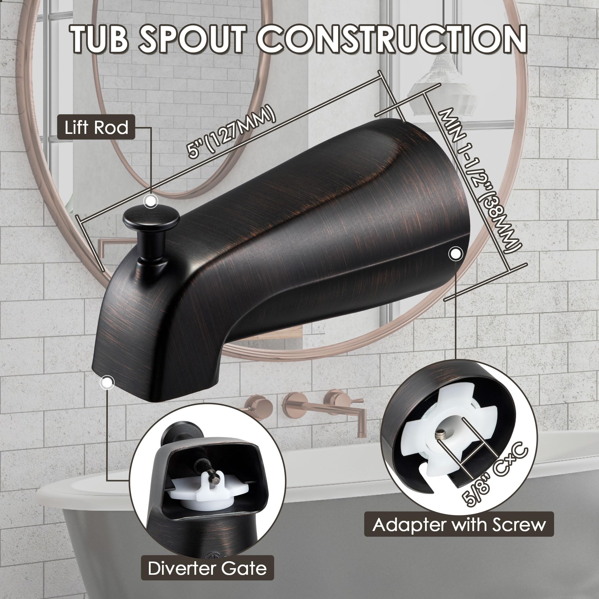 Enhon Slip on Tub Spout with Diverter, Compatible with American Standard 8888026.002 Tub Spout, Bathroom Bathtub Faucet, Fits 1/2 Copper Water Tube(5/8 Dia), 5/32 Hex Wrench(Brushed Nickel,1)