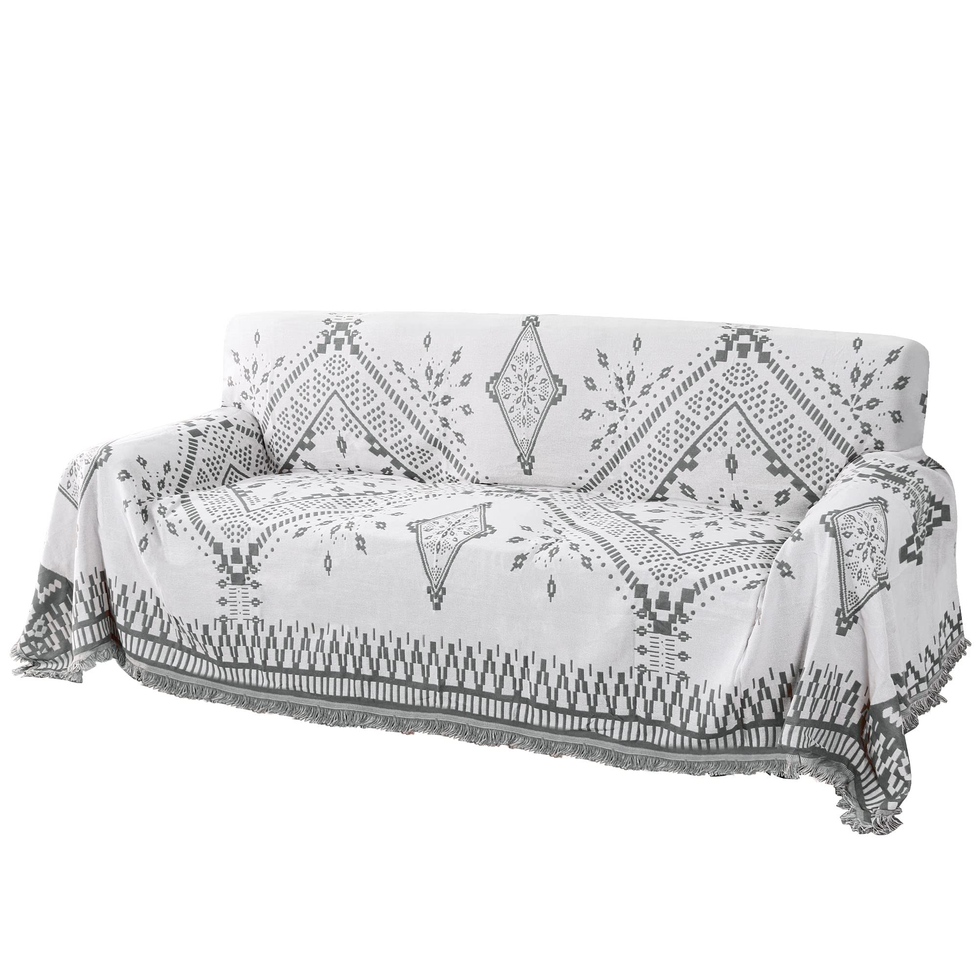 H.VERSAILTEX Cotton Sofa Covers Couch Cover Sofa Slipcover for Most Shape Sofas, Feature Thick Woven Jacquard Seamless with Tassels, Multi-Use Decorative for Couch (Medium: 71" x 91", Green)