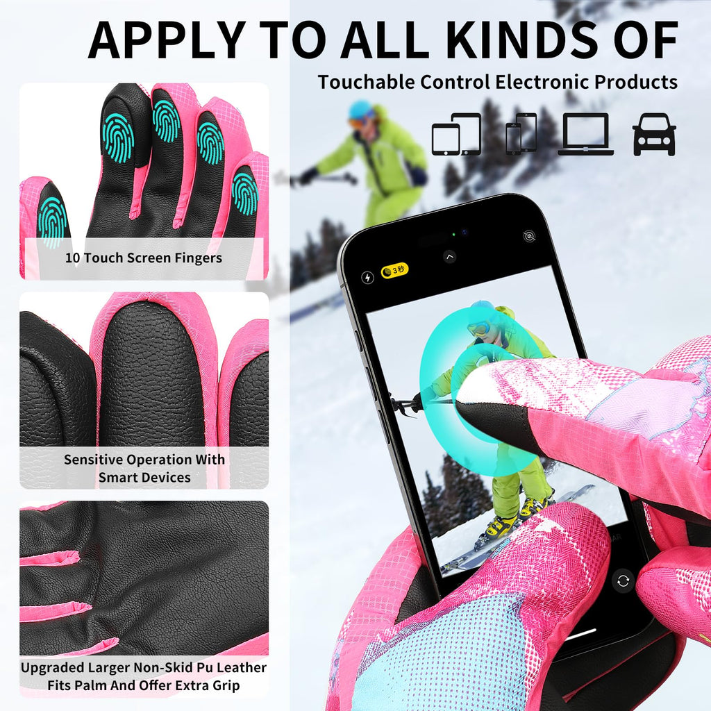 Ski Gloves,Snow Gloves Waterproof Winter Warm Cold Weather Touchscreen Gloves for Parent& Child Kids Skiing,Snowboarding