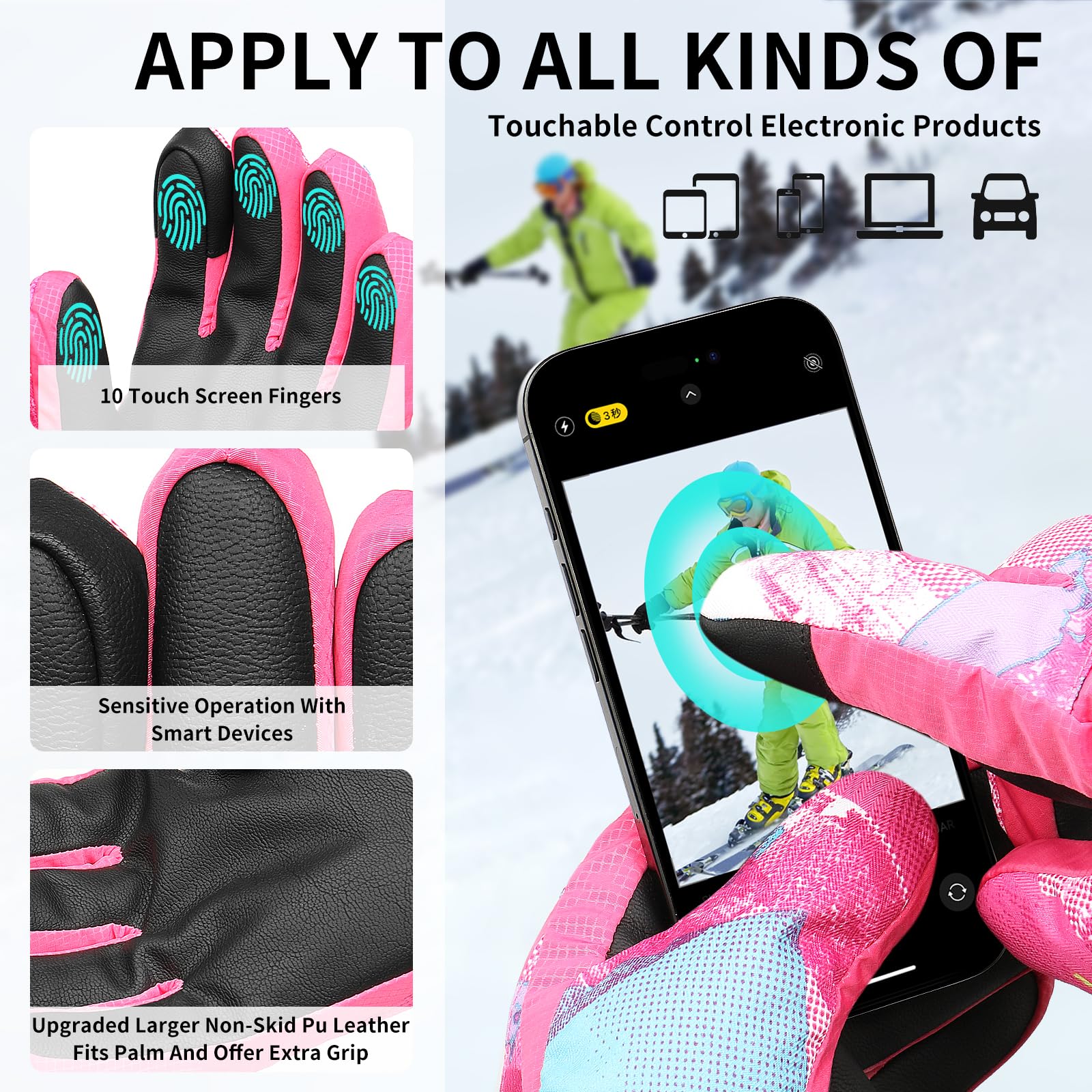 Ski Gloves,Snow Gloves Waterproof Winter Warm Cold Weather Touchscreen Gloves for Parent& Child Kids Skiing,Snowboarding