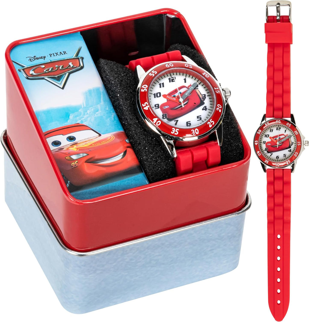 Disney Pixar Cars Kids' Time-Teaching Watch – Lightning McQueen Design with Red Silicone Strap, Easy-to-Read Dial, and Adjustable Fit for Wrists 5.5" to 8"