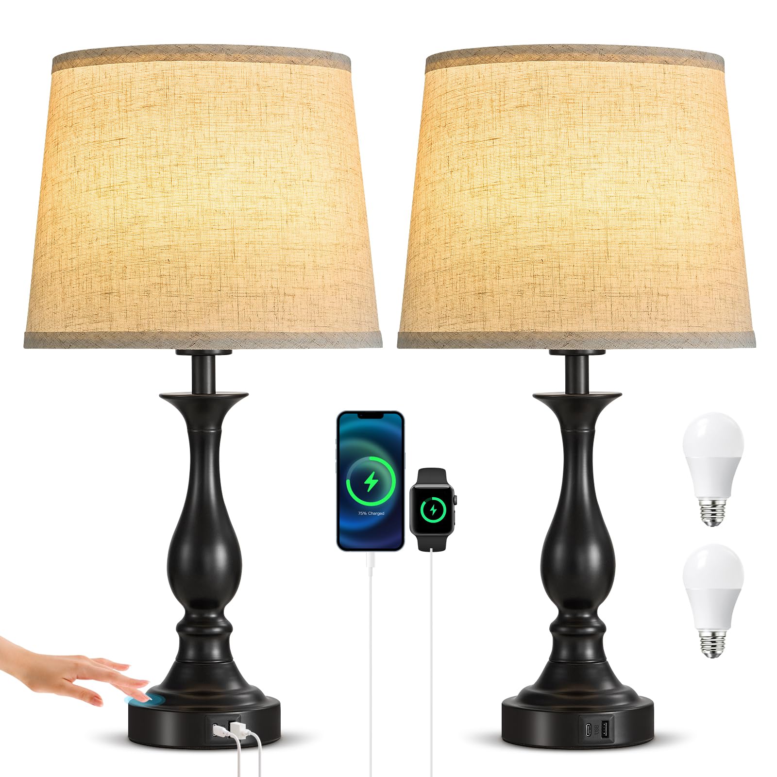 Bedside Table Lamp Touch Control Bedroom Lamps with USB A and C Charging Port 3 Way Dimmable Touch Lamps for Nightstand Living Room Bedroom Dorm Home Office Reading, Set of 2