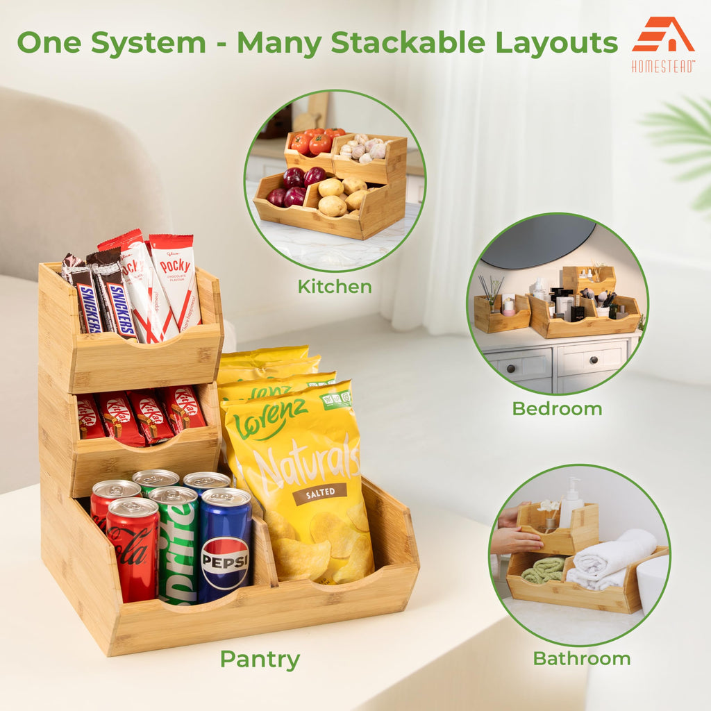 HOMESTEAD Bamboo Pantry Storage Bins – Stackable Potato & Onion Storage Bin for Kitchen Countertop, Pantry Organizer, Fruit Vegetable Basket, Multiuse - Set of 3 Slide-Out Access