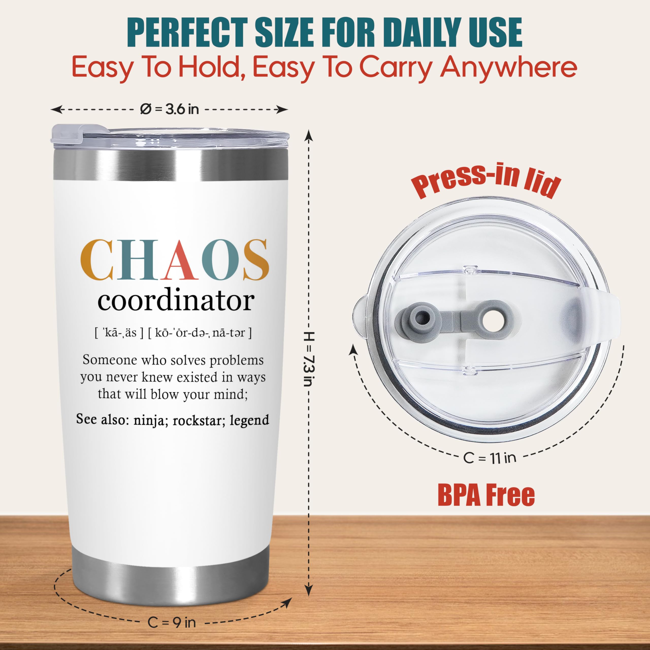 TEEZWONDER Thank You Gifts for Women - Chaos Coordinator 20 oz Stainless Steel Insulated Tumbler with Lid - Employee Appreciation Birthday Gifts for Women Coworkers Boss Teacher Nurse Friend