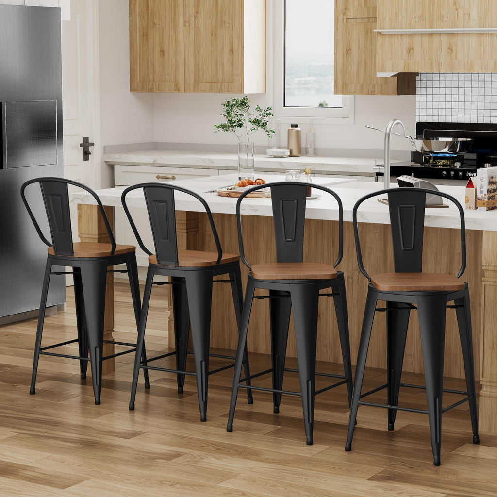 Alunaune 24" Swivel Metal Bar Stools Set of 4 High Back Counter Height Barstools Industrial Dining Bar Chairs with Large Wooden Seat-Matte Black