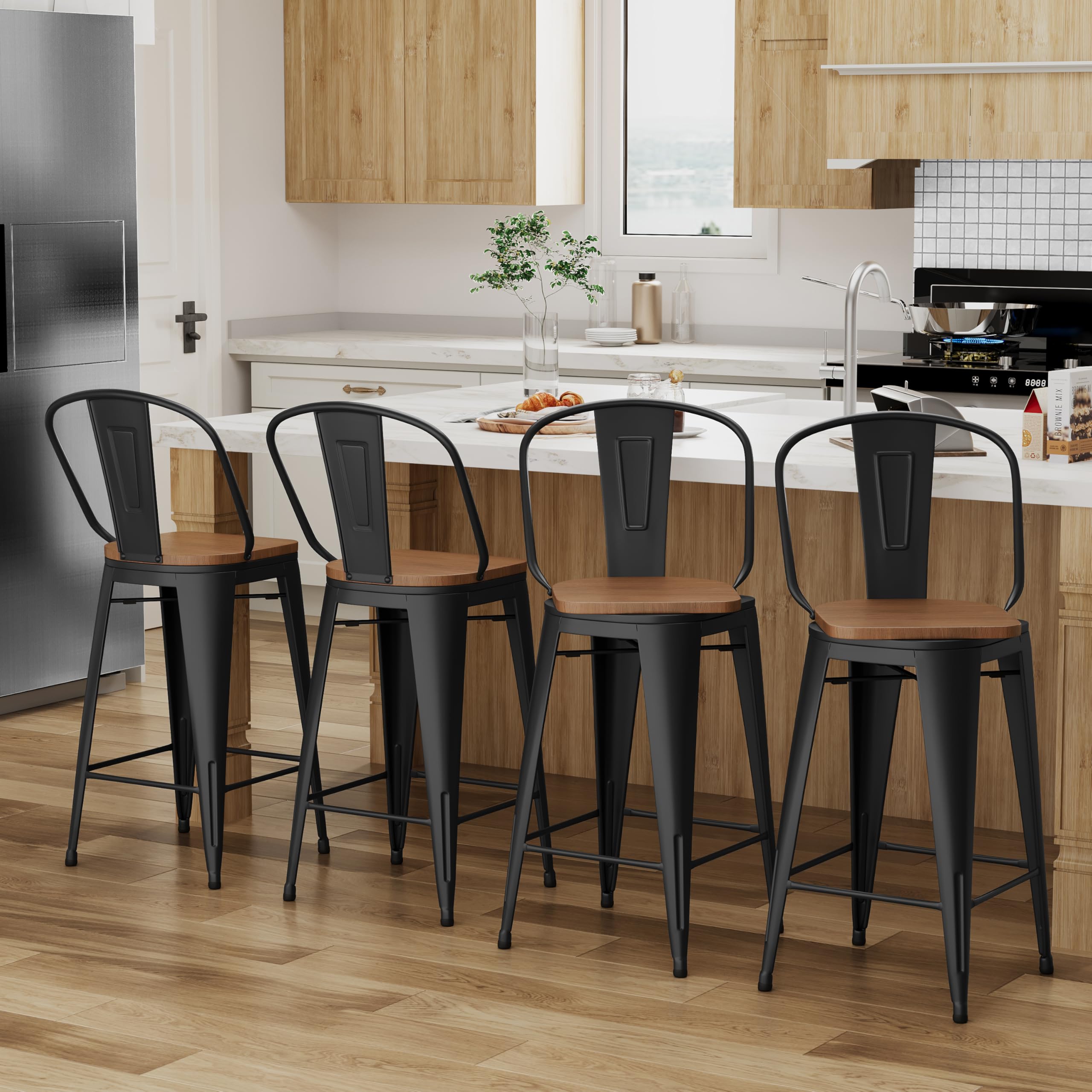 Alunaune 24" Swivel Metal Bar Stools Set of 4 High Back Counter Height Barstools Industrial Dining Bar Chairs with Large Wooden Seat-Matte Black