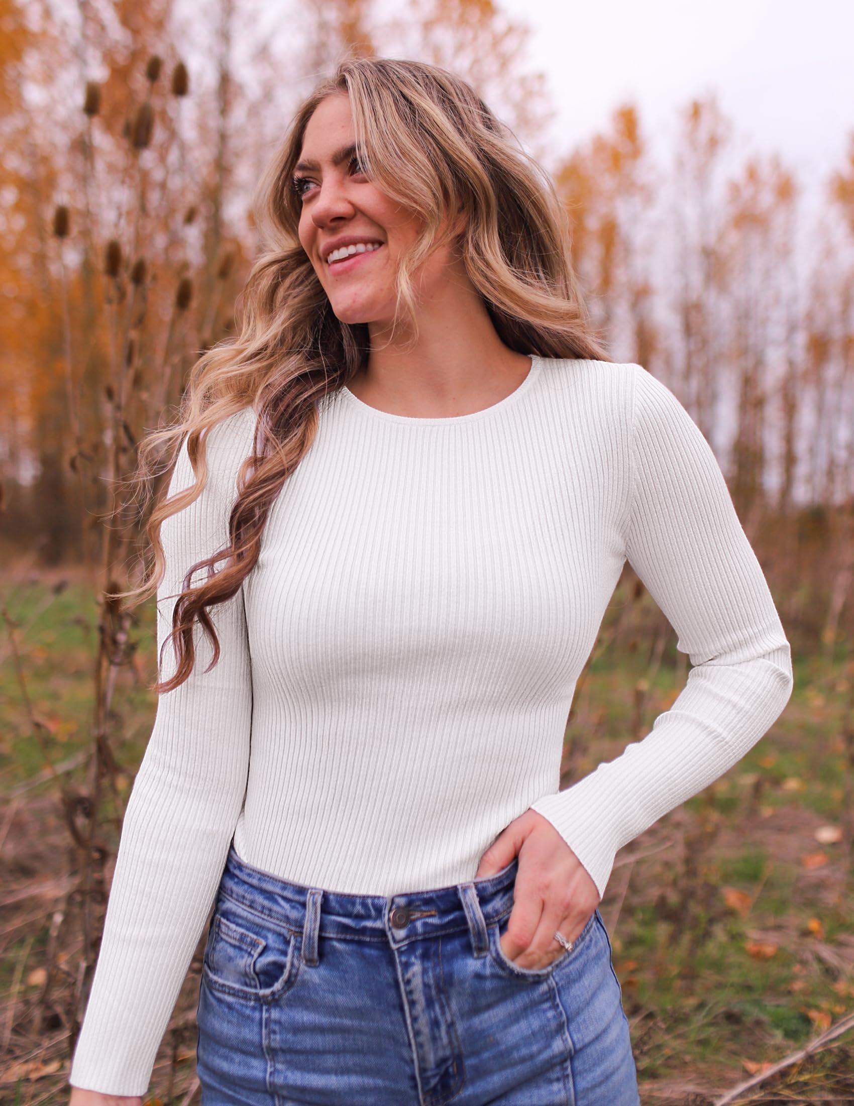 ZESICA Women's Long Sleeve Crewneck Shirts 2026 Spring Ribbed Knit Sweater Slim Fitted Casual Basic Tee Tops