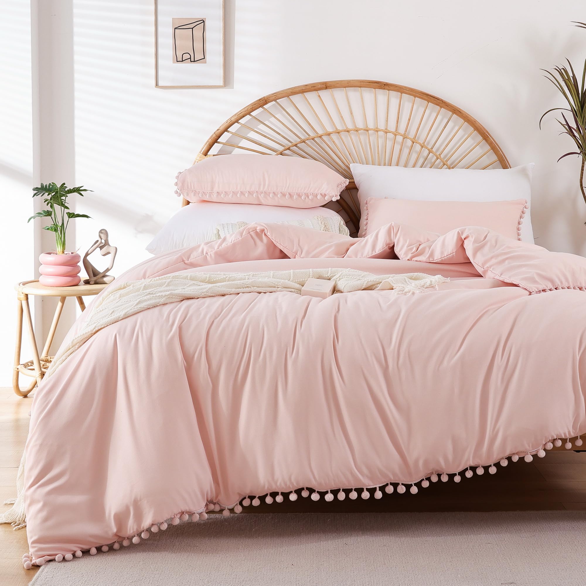 YIRDDEO Twin Comforter Set - Comforter Twin Size Bed with Ball Pom Fringe, Soft Bedding Set for All Seasons - 2 Pieces, 1 Comforter (66"x90") & 1 Pillow Sham(20"x26"), Beige