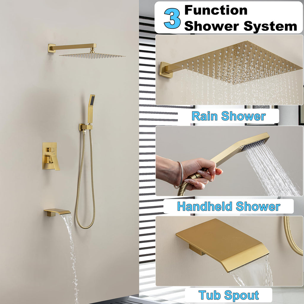 Brushed Gold Shower System with 10-Inch Rain Showerhead and Tub Spout | cUPC-certified pressure balance brass valve to prevent scalding, CEC-certified air injection technology for low pressure