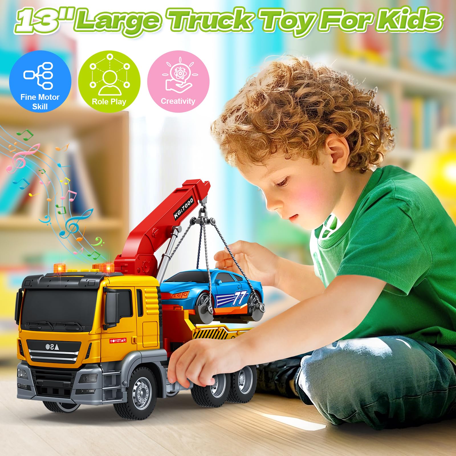 Bstoyder Kids Toys for 3 4 5 6 7 8 Years Old Boys, 15" Crane Truck Toy with Lights, Sounds, Toddler Friction Powered Truck Vehicle Toy for Boys Girls Birthday Gifts