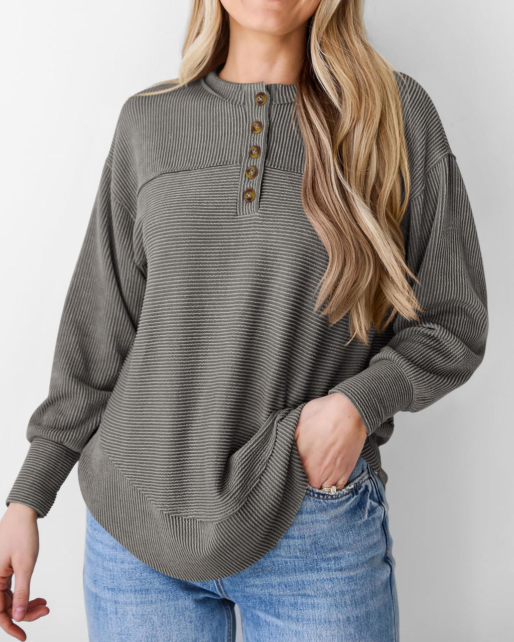 KIRUNDO Going Out Tops for Women Henley Shirts 2025 Casual Ribbed Knit Long Sleeve Tunic Summer Fall Button V Neck Blouse