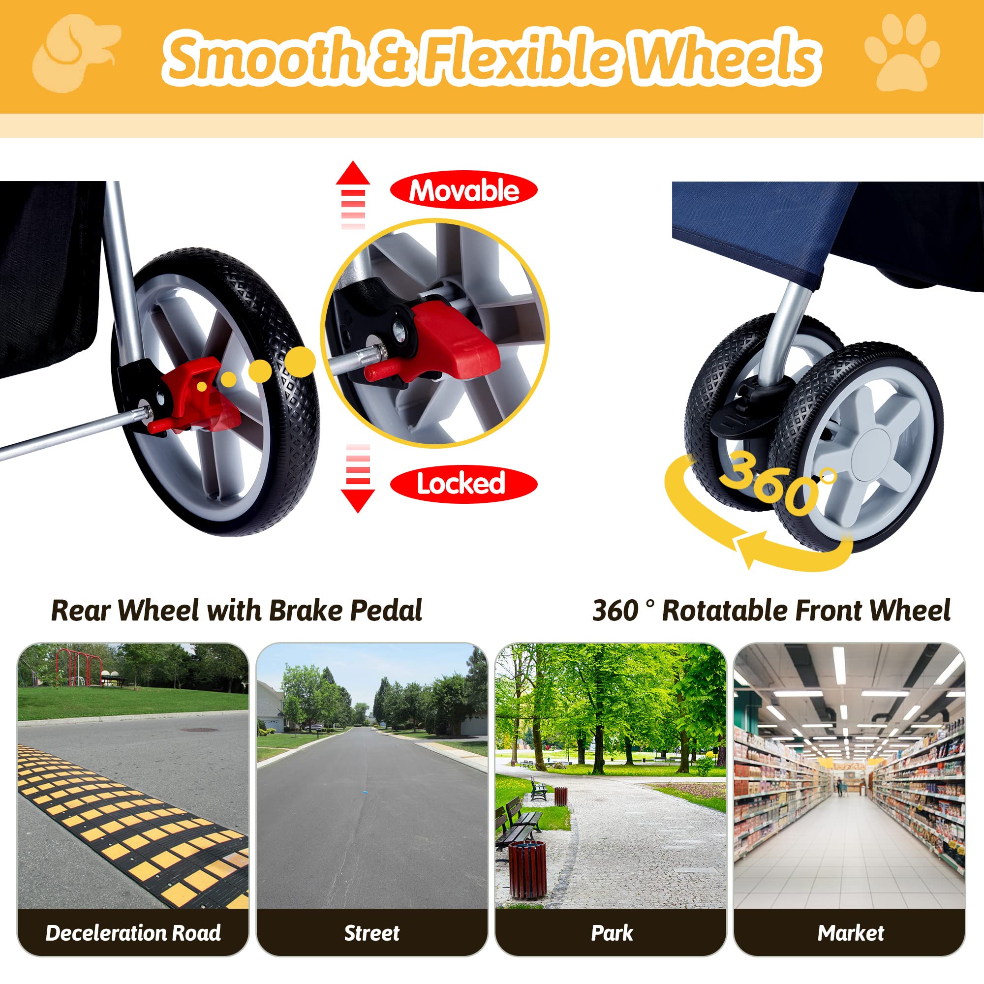 Pet Stroller, 4 Wheels Pet Strolling Cart for Medium/Small Dogs and Cats, Foldable Cat Jogger/Dog Stroller with Cup Holder, Storage Basket, Breathable Mesh, All-Season Pet Carrier, Black