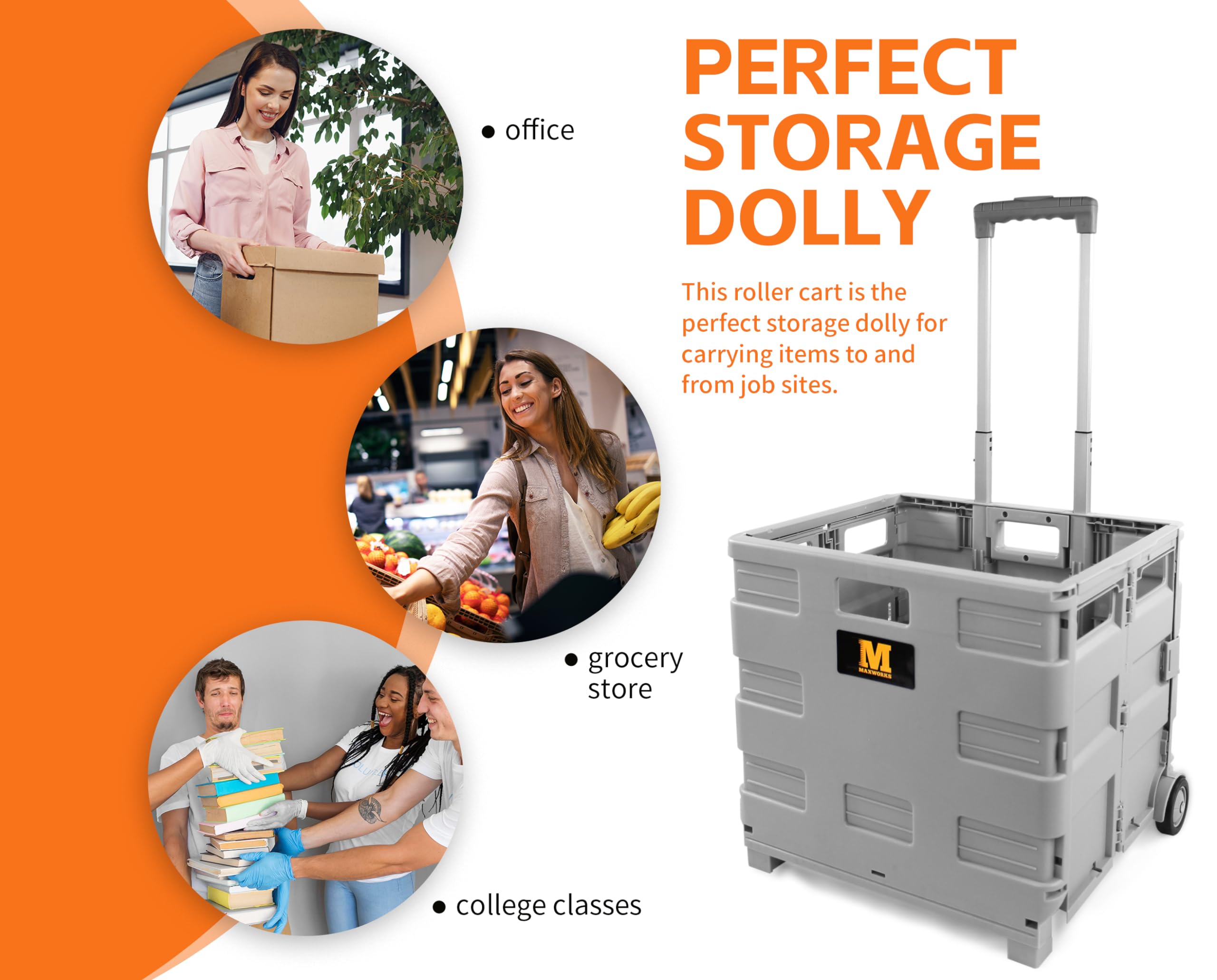 MaxWorks Collapsible Rolling Utility Cart with Lid 80 lb Capacity Folding Dolly with Telescoping Handle Heavy Duty Plastic Crate on Wheels for Shopping Office and Teachers (50876)