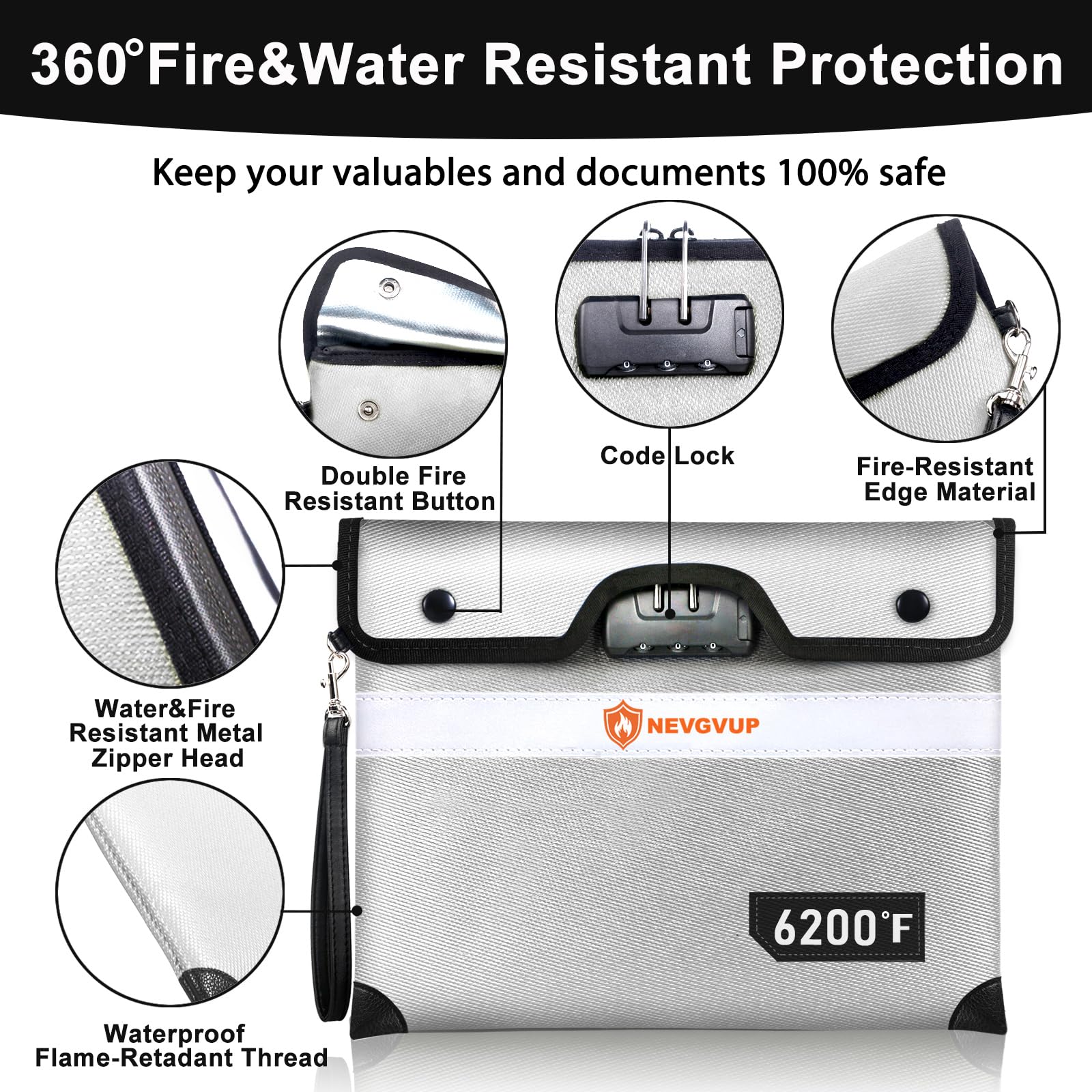 Fireproof Money Bag 4200°F - Heat Insulated, 9.8 x 6.5" Small Fireproof Document Bags with Waterproof Zipper, Fire proof Bag with Reflective Strip and Fireproofs Edeging, Fire Pouch Set for Valuables