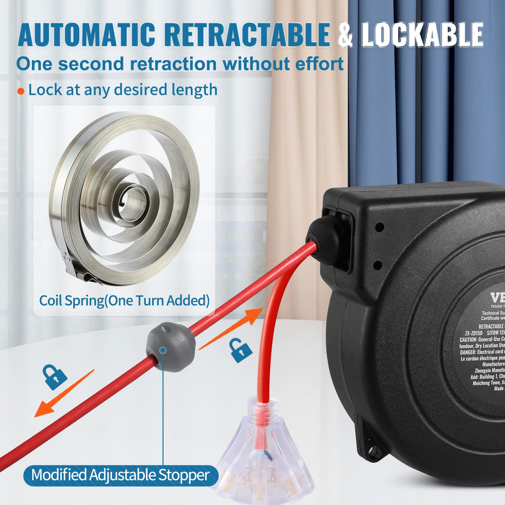 VEVOR Retractable Extension Cord Reel, 30 FT, Heavy Duty 16AWG/3C SJTOW Retractable Power Cord Reel with Lighted Triple Tap Outlet 10 Amp Circuit Breaker 4.5FT Lead-in Cord, for Ceiling or Wall Mount