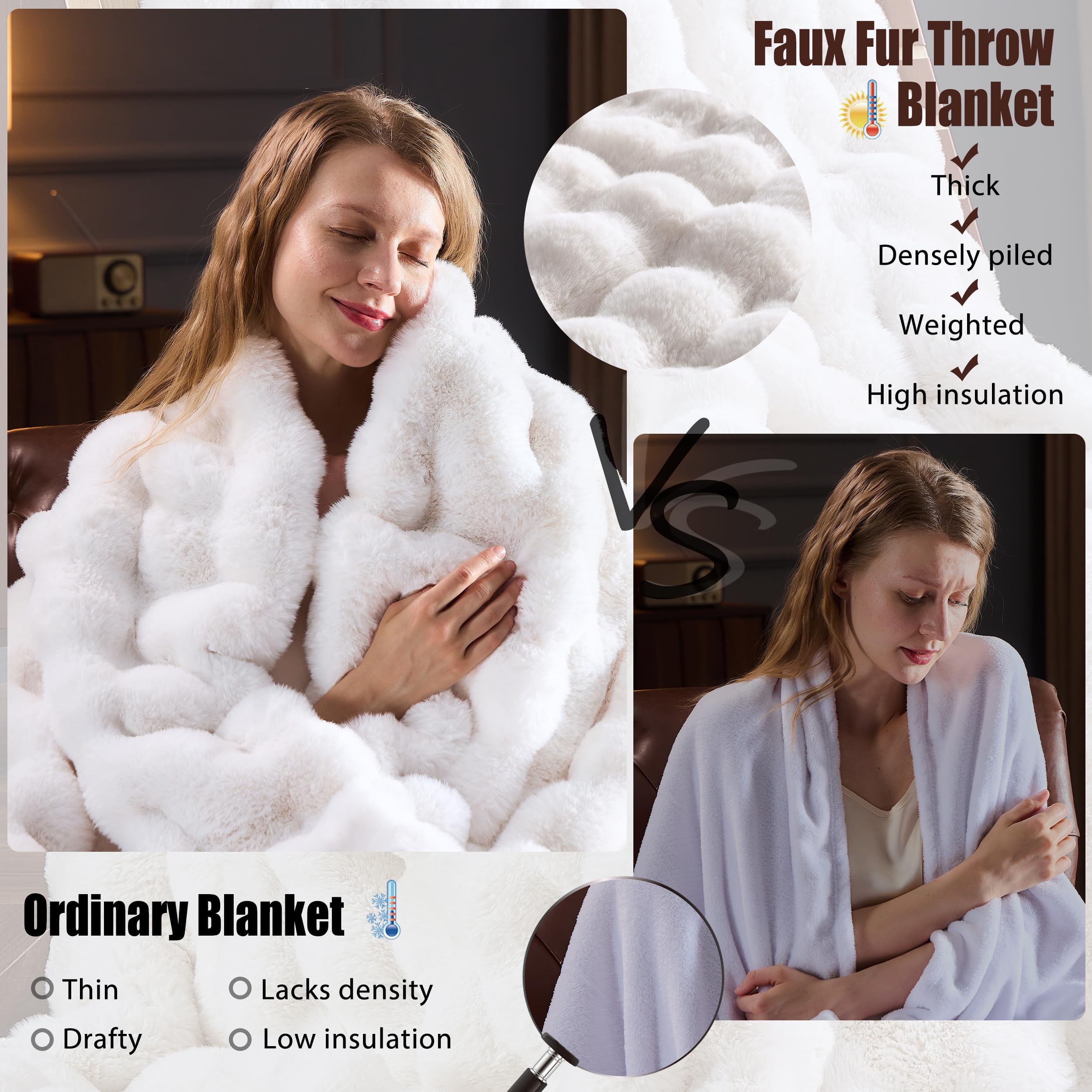 Faux Fur Throw Blanket for Couch, Fluffy Fuzzy Plush Bubble Blanket, Soft Warm Cozy Shaggy Rabbit Blanket, Luxury Decorative Gifts for Sofa Bedroom Living Room, 60x50inch (Beige)