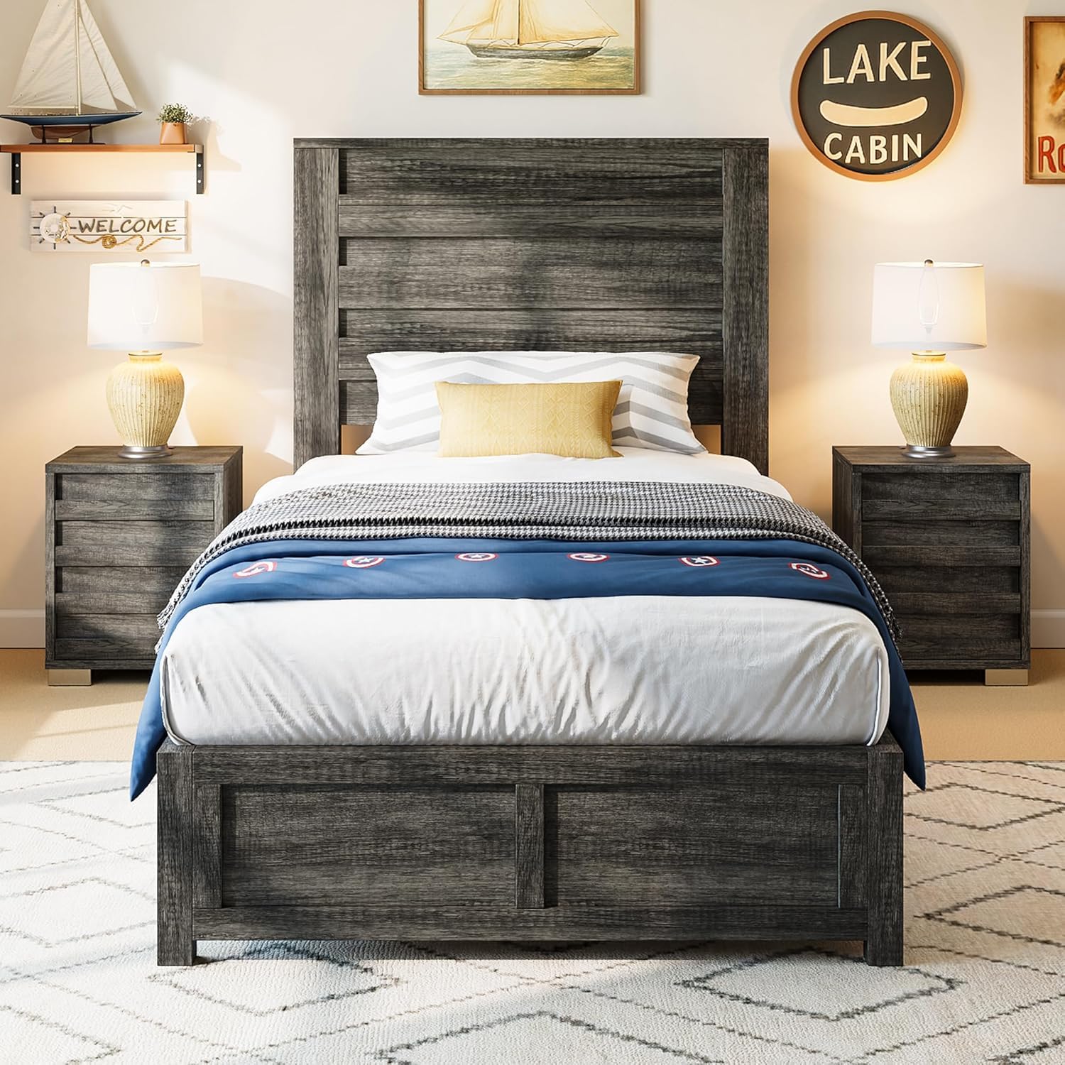 AMERLIFE Farmhouse Full Size Bed Frame with 49" Fluted Headboard, Wood Platform Bed with Natural Grain, No Box Spring Needed/Noise Free, Black
