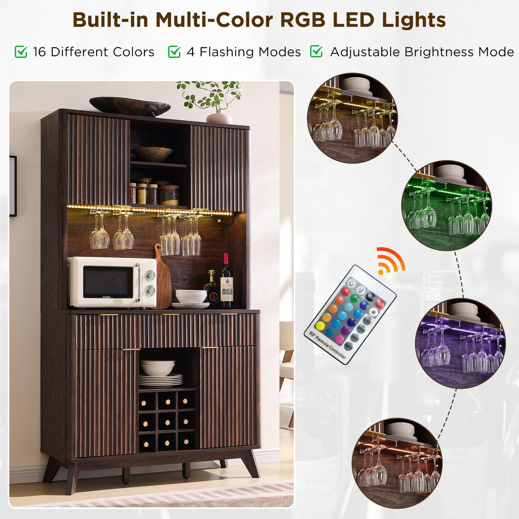 OKD 72" Tall Fluted Coffee Bar Cabinet with Ample Storage, Modern Buffet Sideboard with Glass Holder/Wine Rack/Led Lights/Charging Station, Wine Cabinet for Kitchen, Dining Room, Home Bar, Dark Walnut