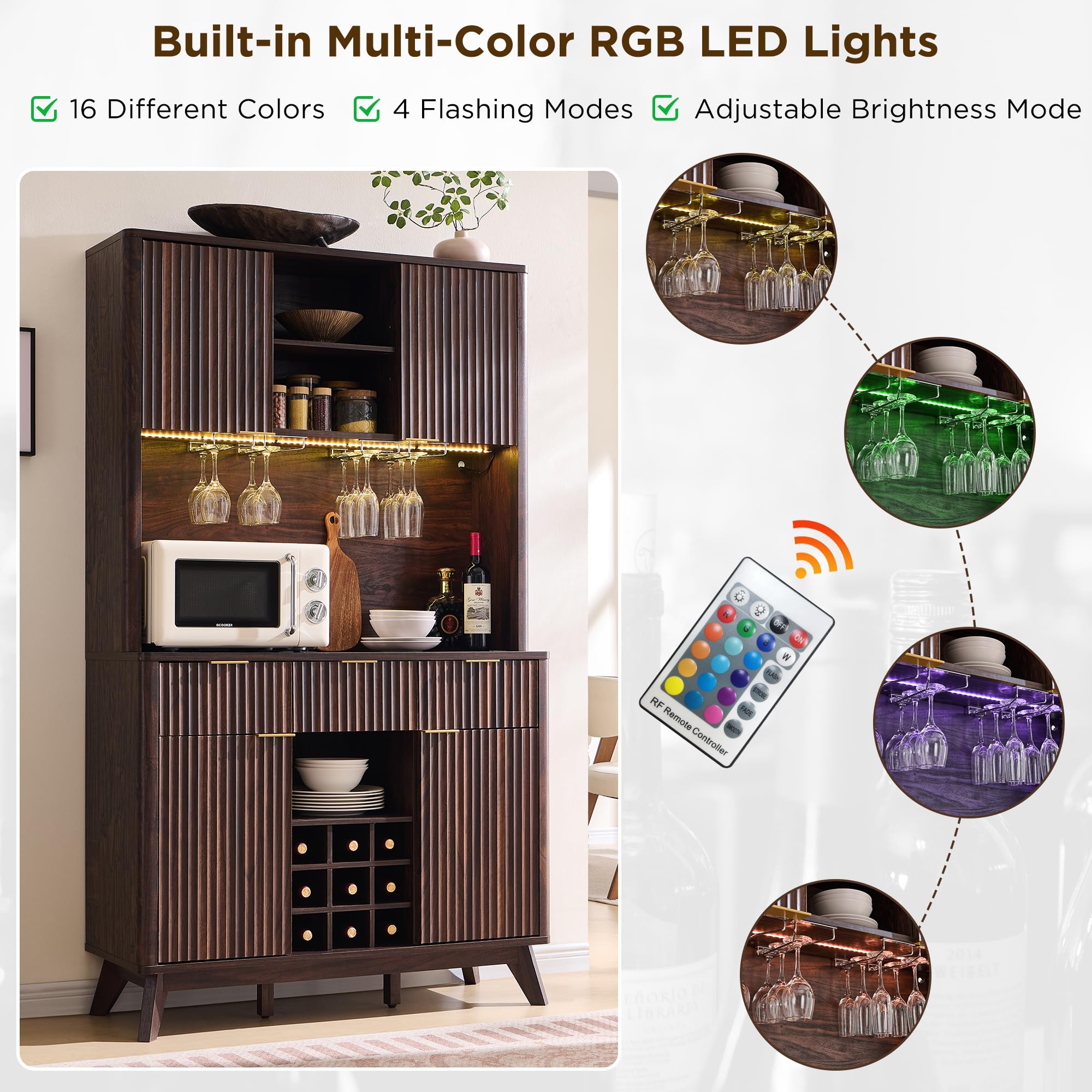 OKD 72" Tall Fluted Coffee Bar Cabinet with Ample Storage, Modern Buffet Sideboard with Glass Holder/Wine Rack/Led Lights/Charging Station, Wine Cabinet for Kitchen, Dining Room, Home Bar, Dark Walnut