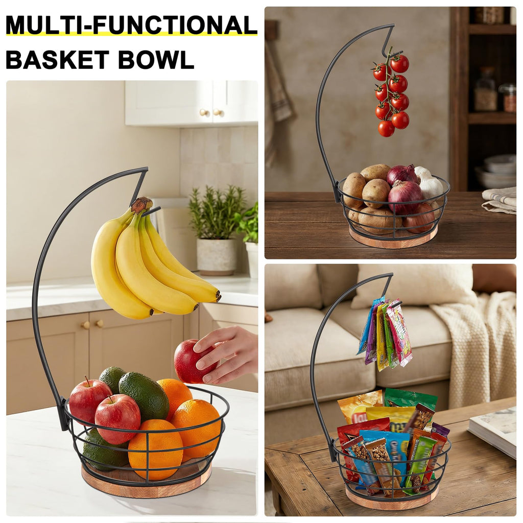 Livabber Countertop Fruit Basket Bowl with Banana Hanger, Modern Standing Fruit Vegetable Bowl Storage, with Banana Tree Holder for Kitchen Dinning Table (Round Marble, Black)