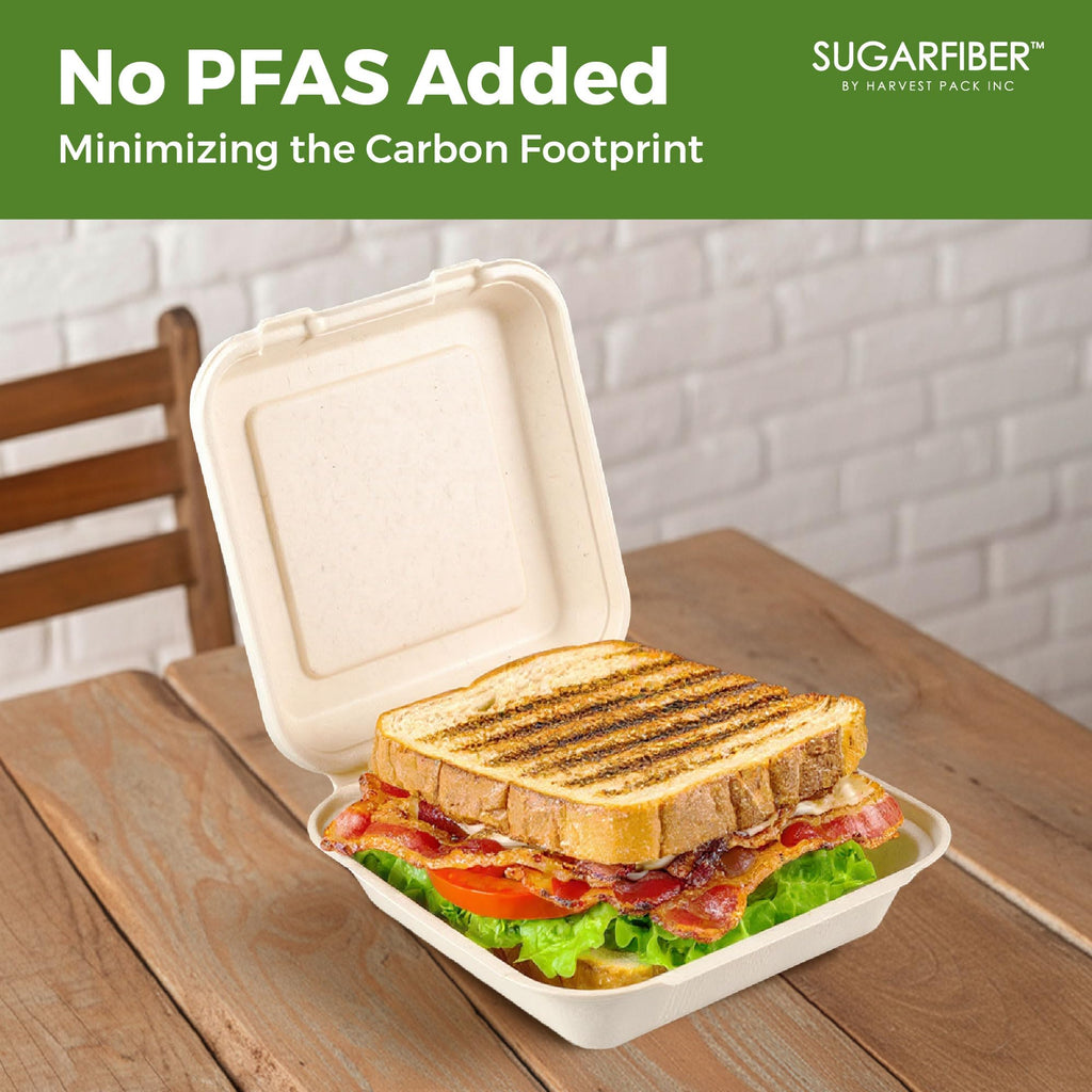 [50 COUNT]Harvest Pack 6 X 6" Compostable Clamshell Take Out Food Containers, PFAS FREE Square To go Containers with Lids, Heavy-Duty Disposable Bagasse Bento Cake Box, Eco-Friendly Sugarcane Fibers