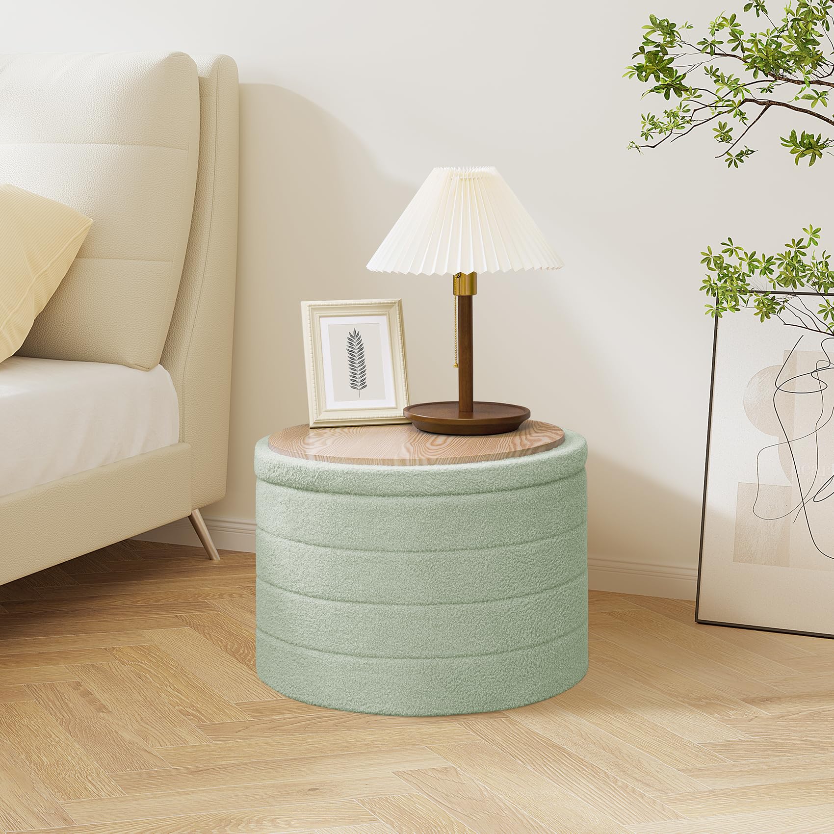 PINPLUS Round Storage Ottoman Foot Rest Stool with Tray Velvet Sherpa Folding Storage Ottoman,Boucle Foot Rest for Living Room, Bedroom, Dorm（Beige）
