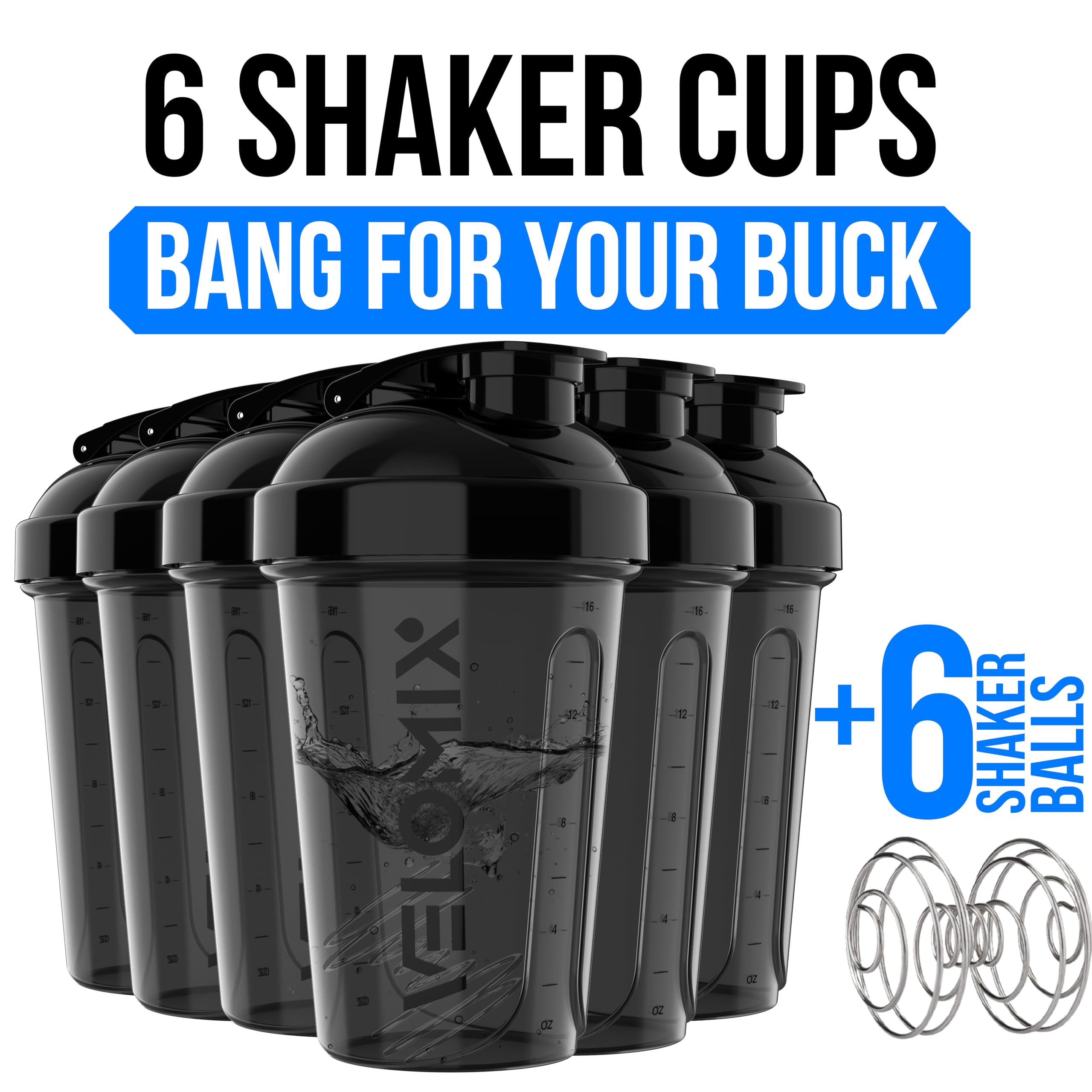 VELOMIX -6 PACK- 20 oz Protein Shaker Bottle for Protein Mixes - 6x Wire Whisk | Leak Proof Shaker Cups for Protein Shakes| Stackable Protein Shaker Bottle Pack | Dishwasher Safe (ALL IN BLACK)