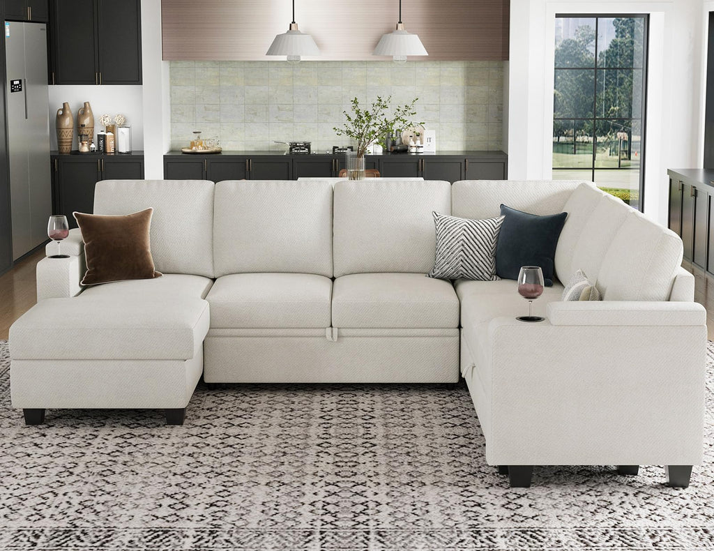 Belffin Modular Sectional Sleeper Sofa Bed with Storage Chaise L Shaped Sectional Couches for Living Room Armrest with Cup Holder. White Couch