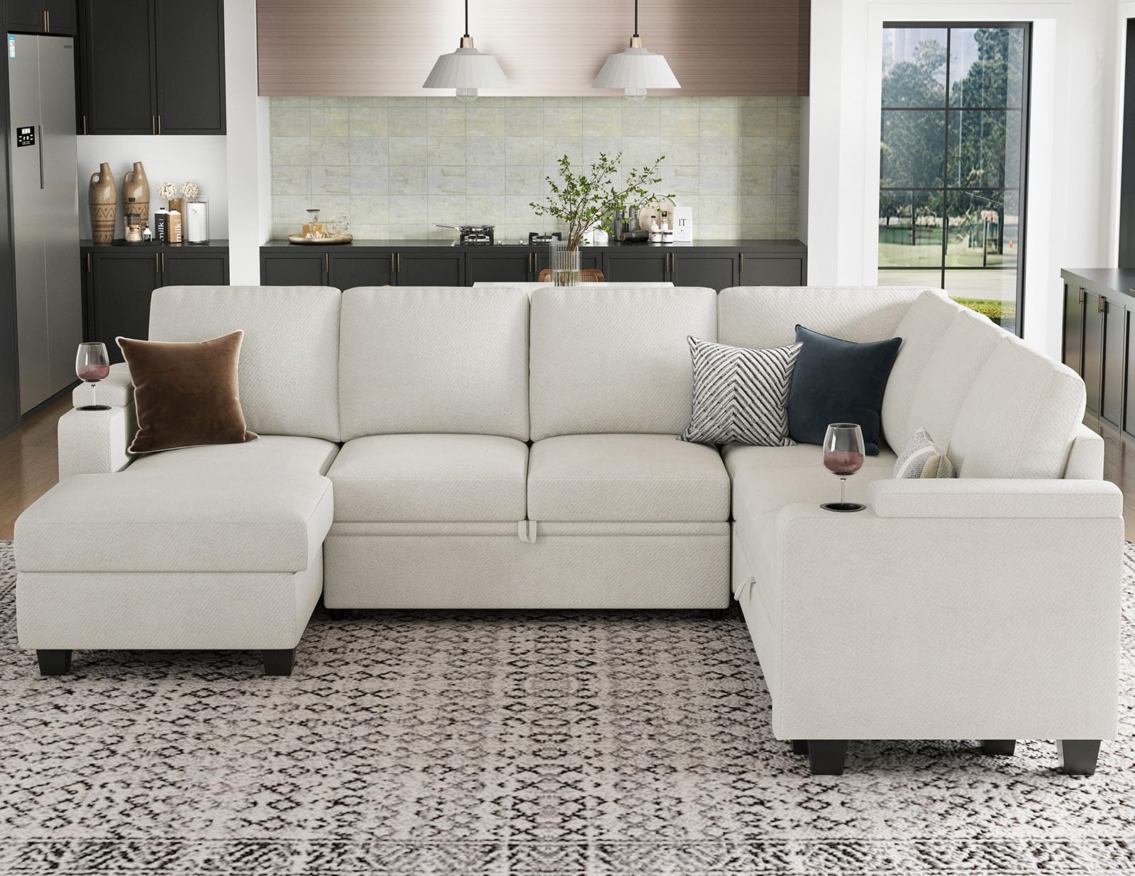 Belffin Modular Sectional Sleeper Sofa Bed with Storage Chaise L Shaped Sectional Couches for Living Room Armrest with Cup Holder. White Couch
