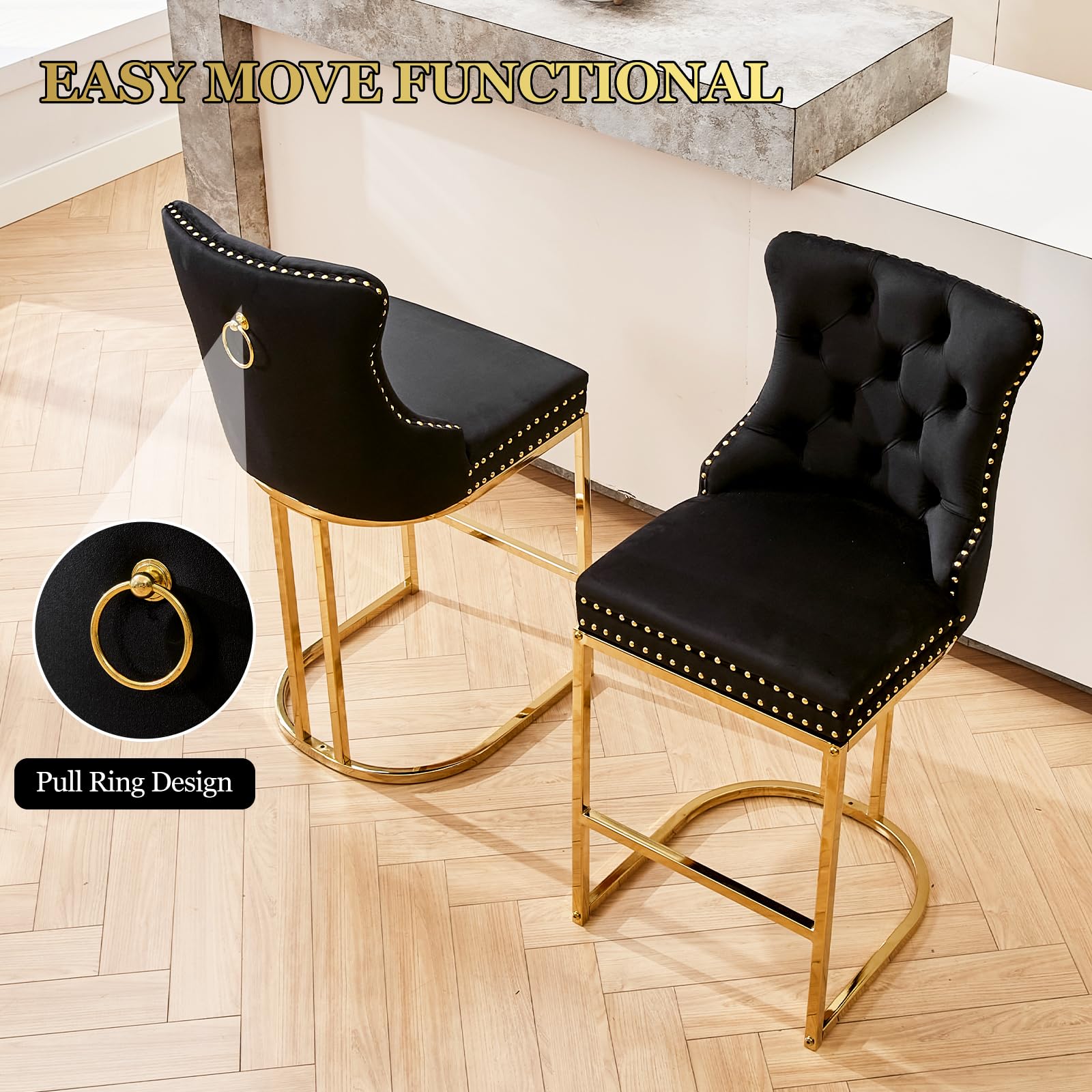 UVV Counter Height Bar Stools Set of 1, 26" Modern Barstools with Back, Velvet Upholstery Counter Chairs with Metal Legs for Kitchen Island, Bar, Counter, Beige