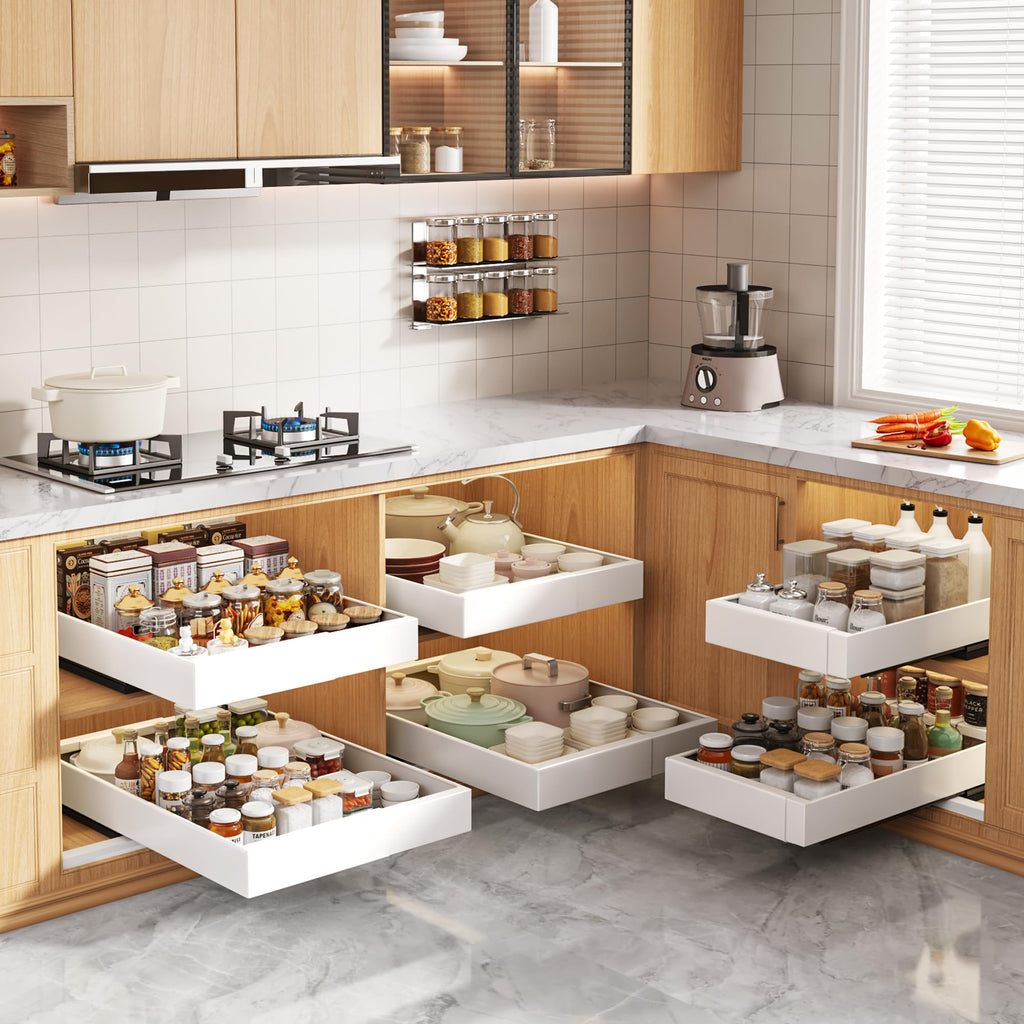 Seinloes 4 Pack Pull Out Cabinet Organizers 21" Deep With Raising Pad for Framed Cabinets, Expandable Width (15.2"-26.3") Slide Out Drawers Upgrade 3 Slide Rails, Roll Out Shelves Adhesive, Black