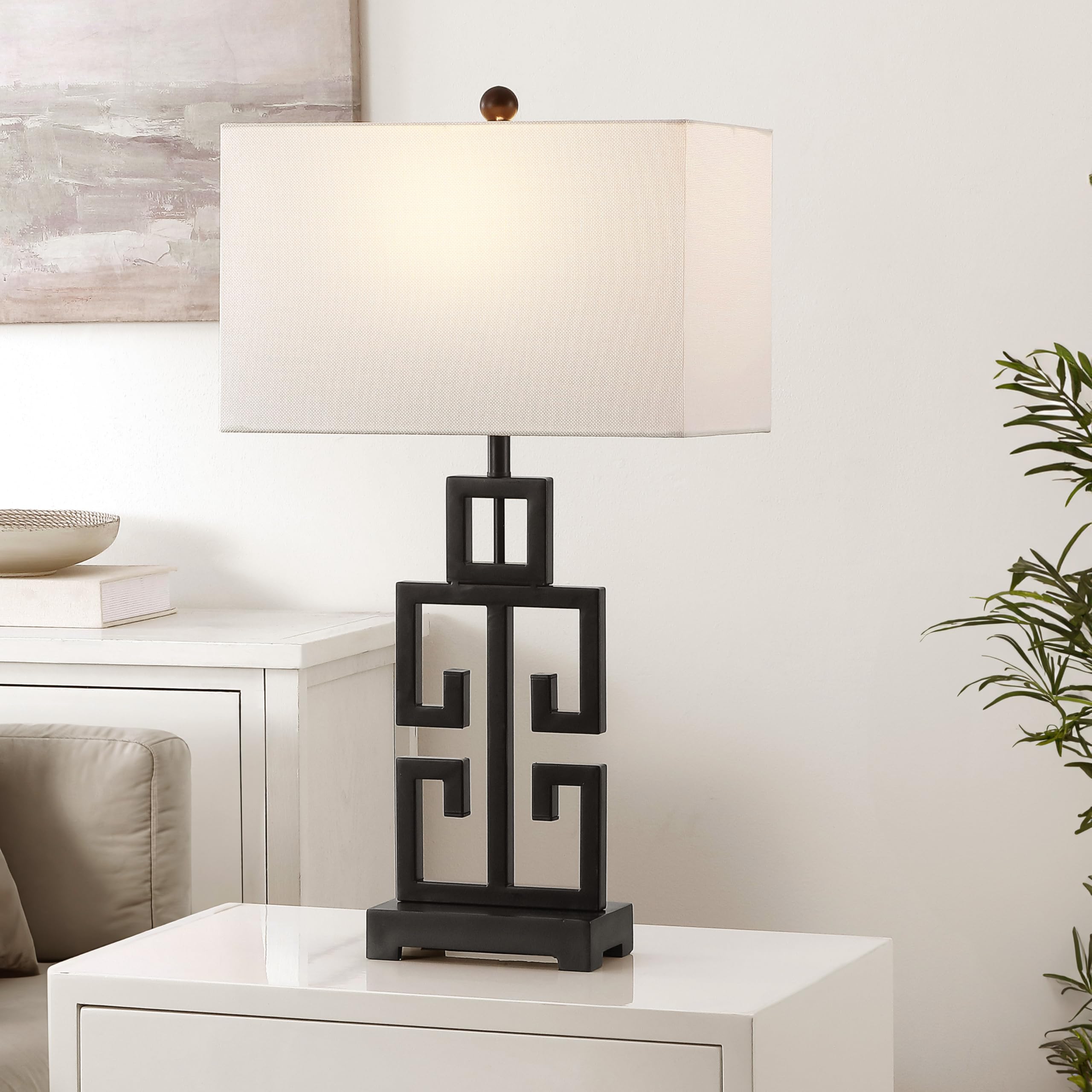 SAFAVIEH Lighting Collection – Greek Key Table Lamp Set of 2 – Antique Gold Metal Base with White Fabric Shade, LED Bulbs Included, 29-Inch Bedroom Living Room Desk Lamps (LIT4305A-SET2)