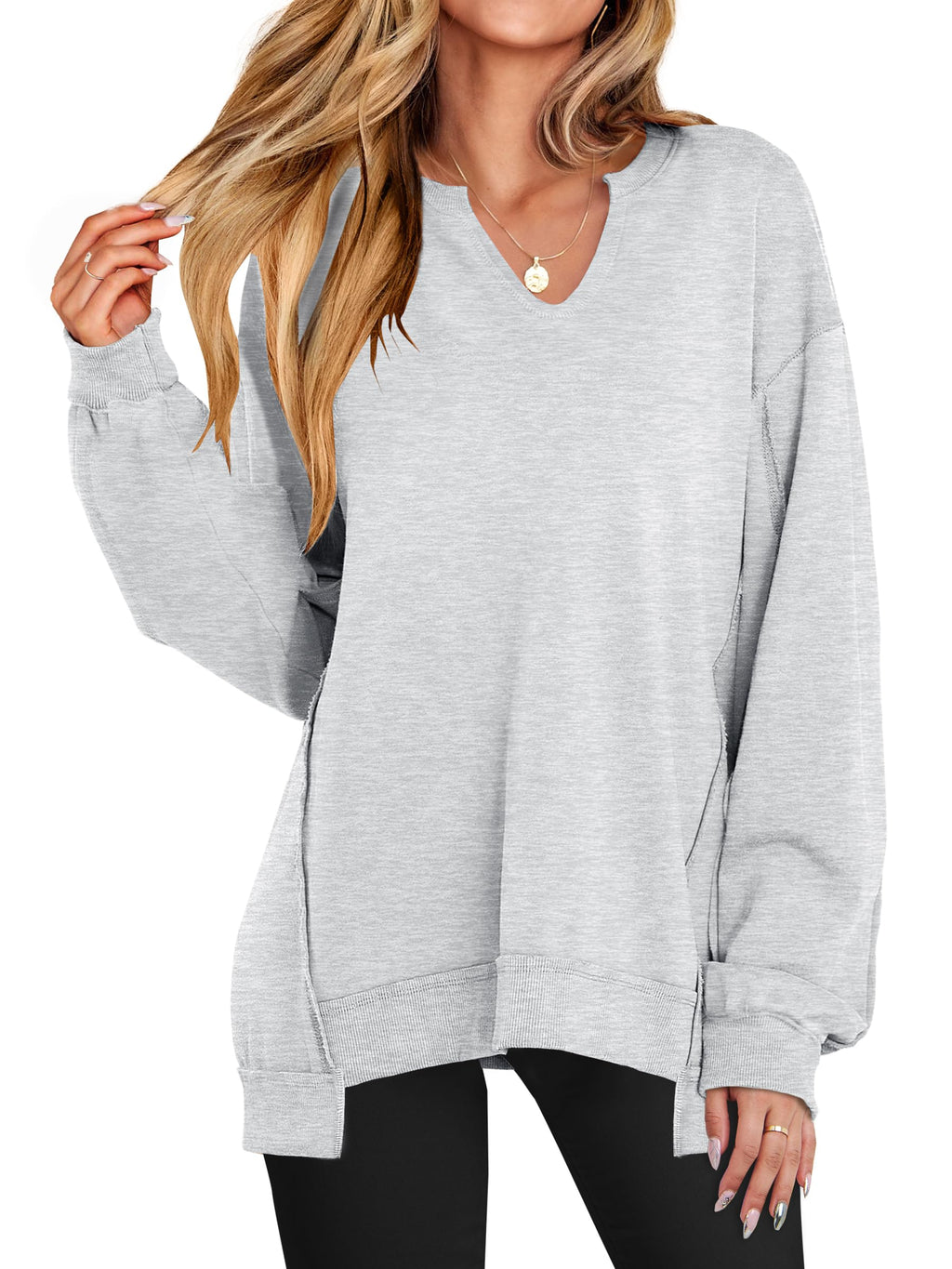 ANRABESS Women's Long Sleeve V-Neck Oversized Sweatshirts | Soft Lightweight Loose Fit Pullover Tops, Casual School Workout Office Tunic Shirts, Teen Girls Outfit, Fall Winter Clothes