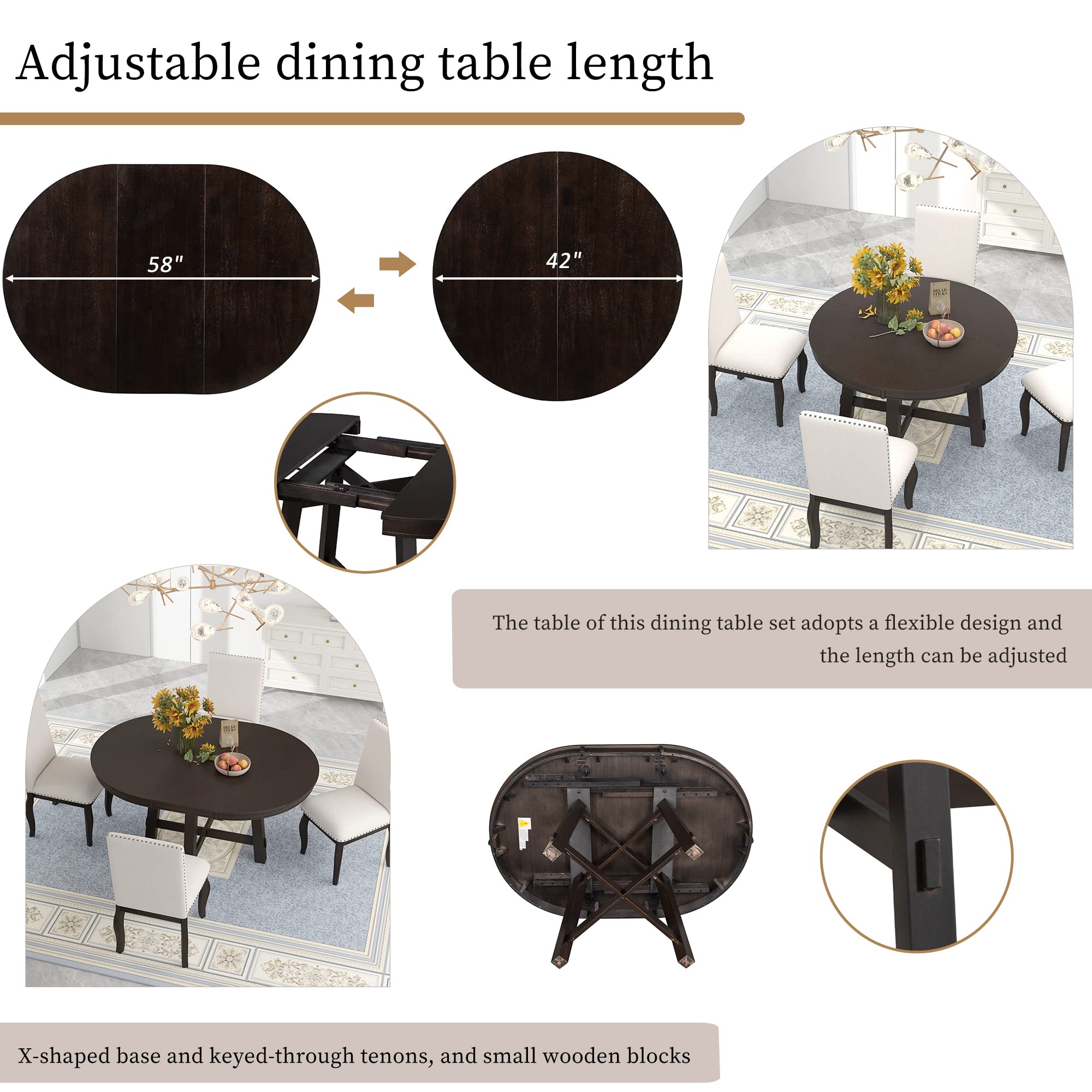 LUMISOL Round Dining Table for 4-6 People, 41"-57" Extendable Kitchen Table with 16" Removable Leaf for Small Places, Kitchen, Dining Room, Espresso