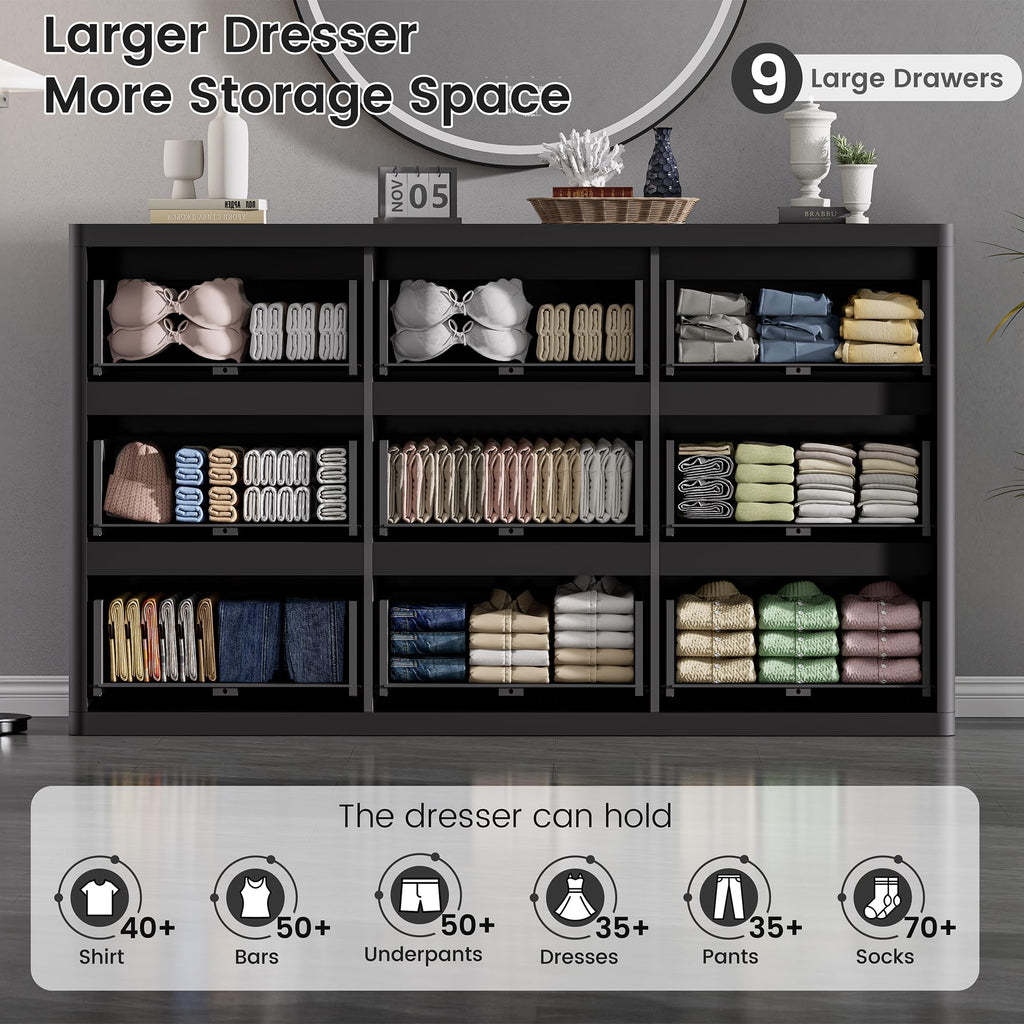 Standifurno Black 56" Tall Dresser for Bedroom, Fluted Modern 6 Drawers Deep Dressers, Wood Chest of Drawers with Handleless, Curved Profil Storage Closet Dressers for Bedroom, Living Room, Hallway