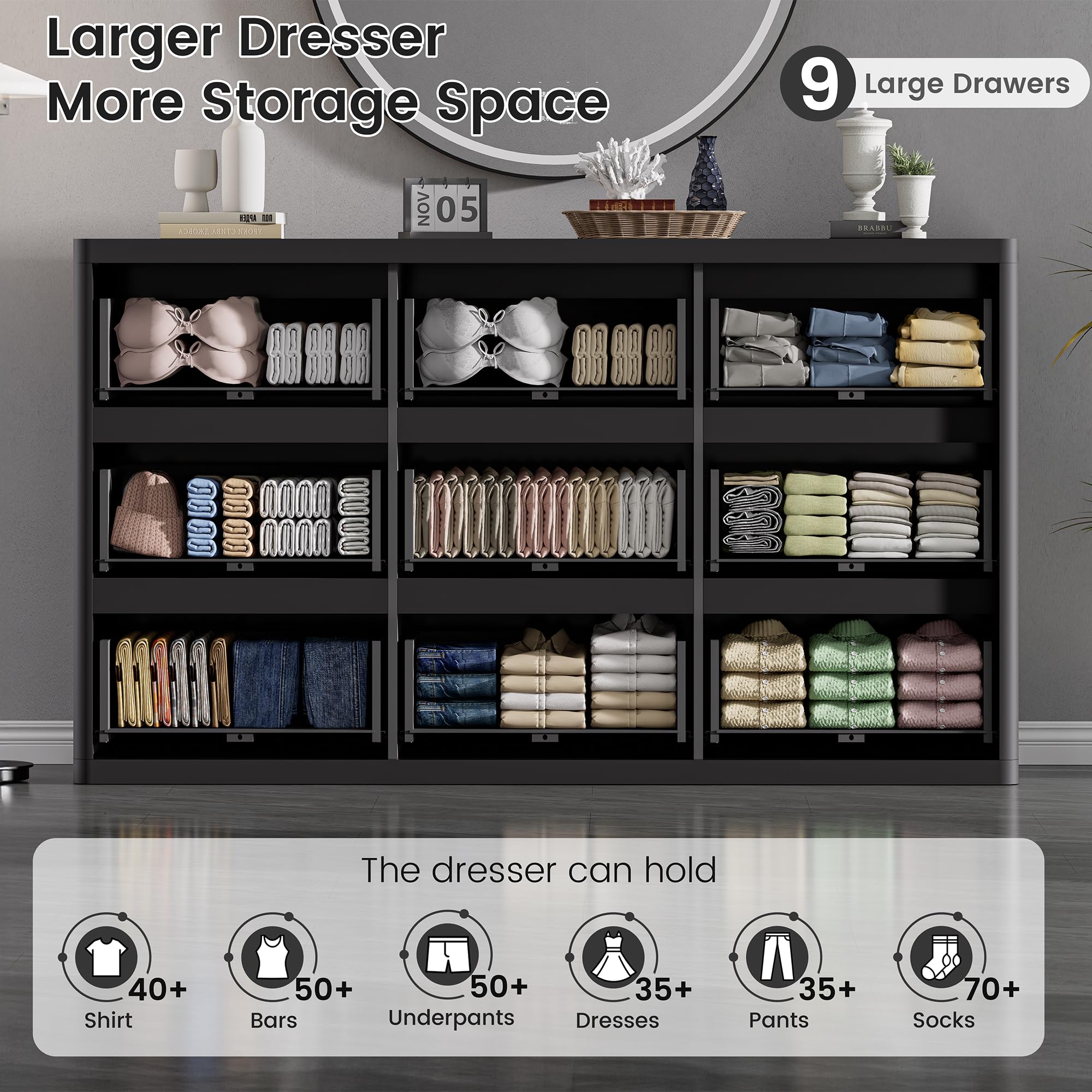 Standifurno Black 56" Tall Dresser for Bedroom, Fluted Modern 6 Drawers Deep Dressers, Wood Chest of Drawers with Handleless, Curved Profil Storage Closet Dressers for Bedroom, Living Room, Hallway