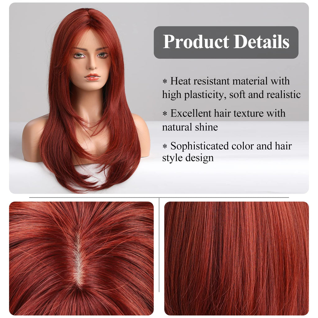 HAIRCUBE Auburn Wigs for Women,Long Layered Orange Wigs with Bangs Heat Resistant Synthetic Fibre Wigs(pelucas de cabello natural)